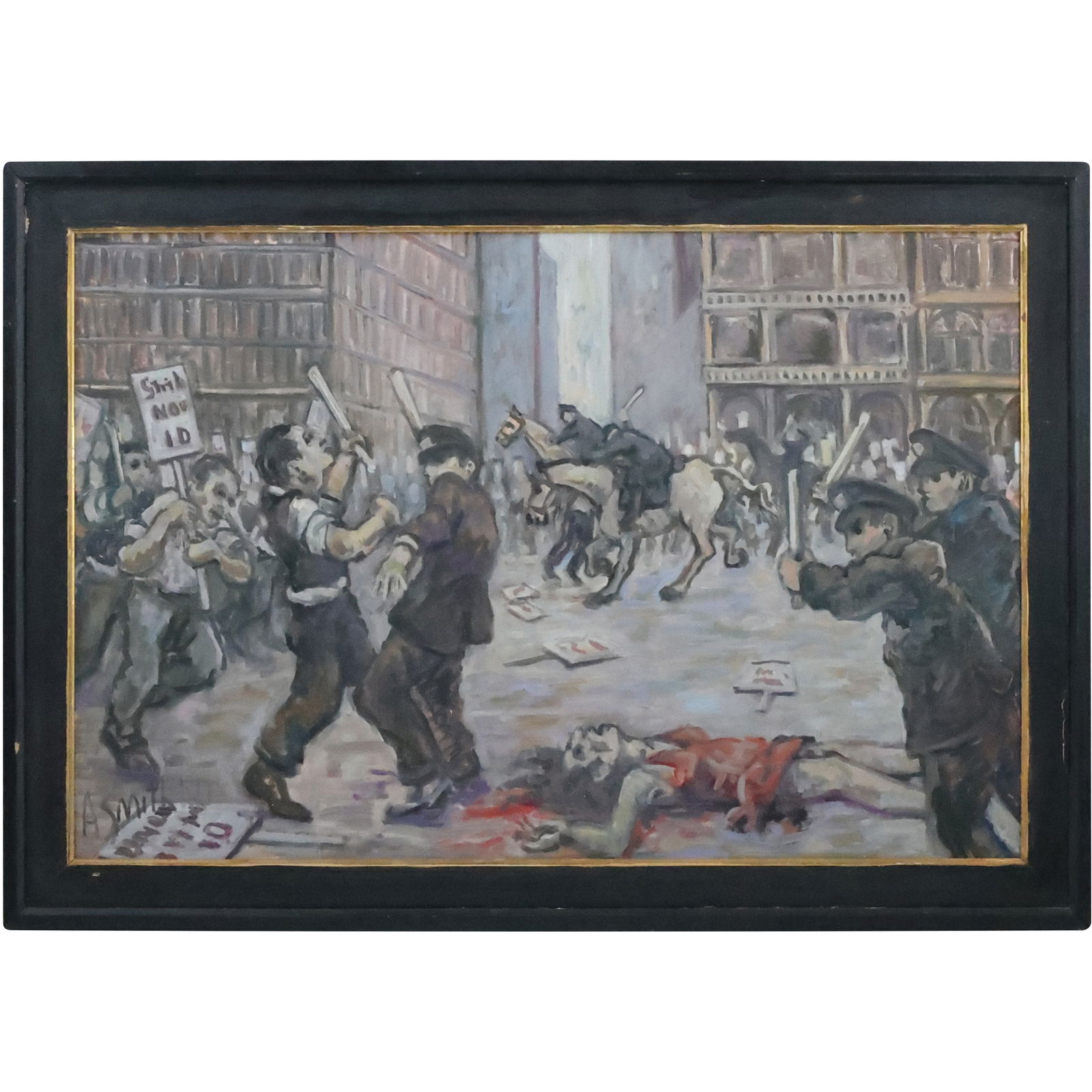 Signed A Smith, Vintage Oil on Board Painting Depression Era Protest Confrontation with Police (1 of 20)