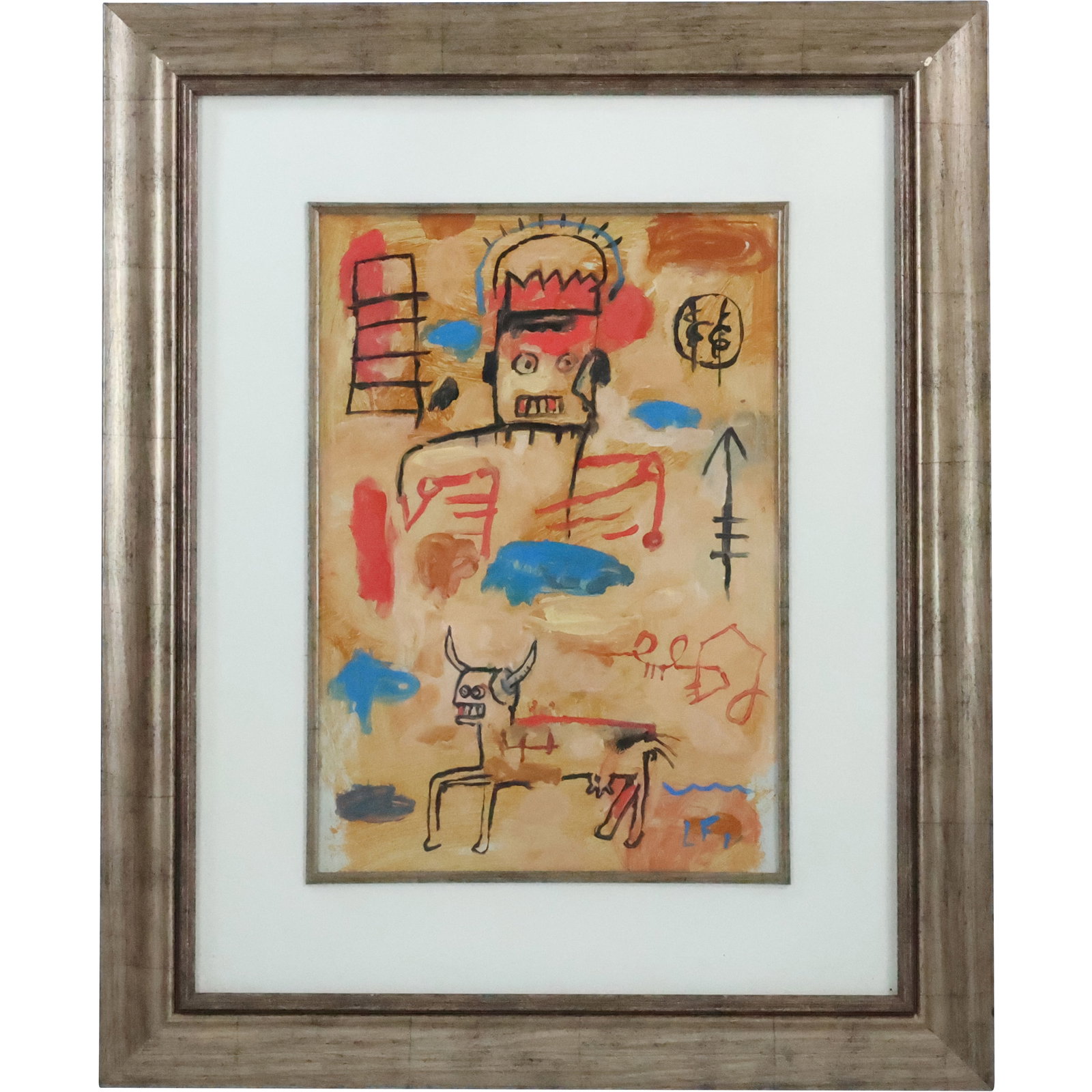 Signed L F, Oil Painting Street Art Grotesque Figure with Crown, Abstract Bull, framed. (1 of 20)