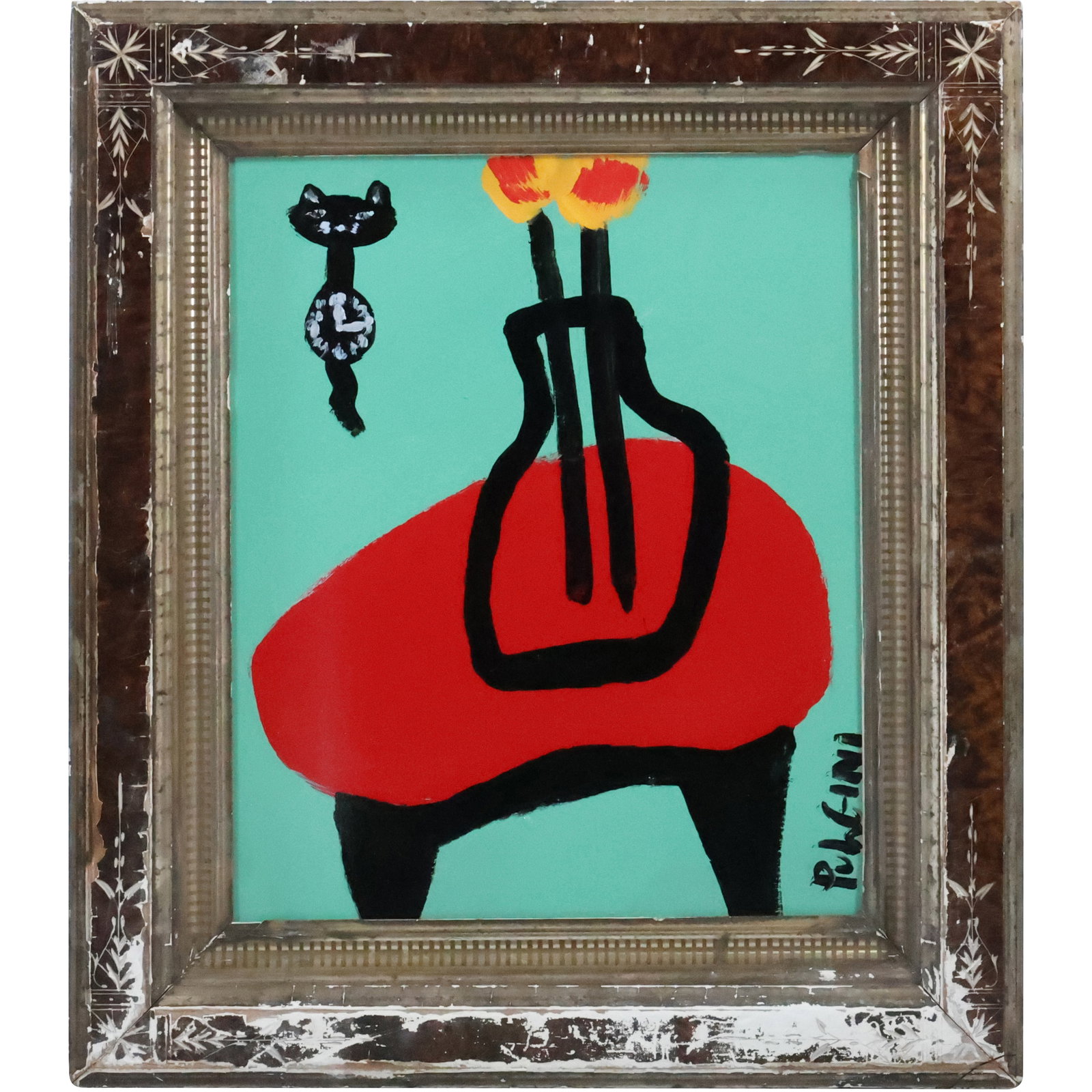 Thomas Pulgini, American, Oil on Board Painting Abstract with Cat Wall Clock, Signed, Framed (1 of 20)