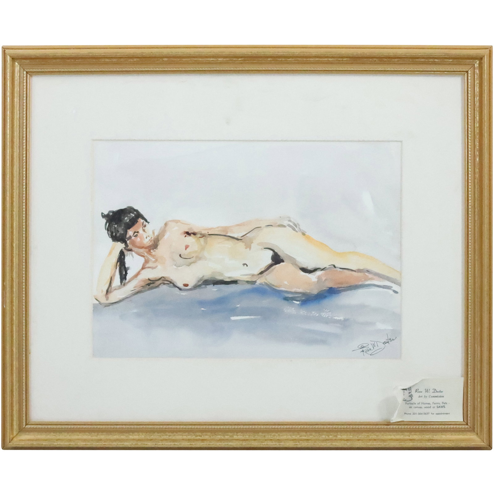 Rose W Doster, b. 1938, American, Watercolor Painting Reclining Nude, Artist Card on Verso: Rose W Doster, b. 1938, American, Watercolor Painting Reclining Nude, Artist Card on Verso.size: 10 x 14 matte, 18.25 x 22.25 outside frame. ASKart: Rose Wilhelm Doster (Born 1938) is active/lives in