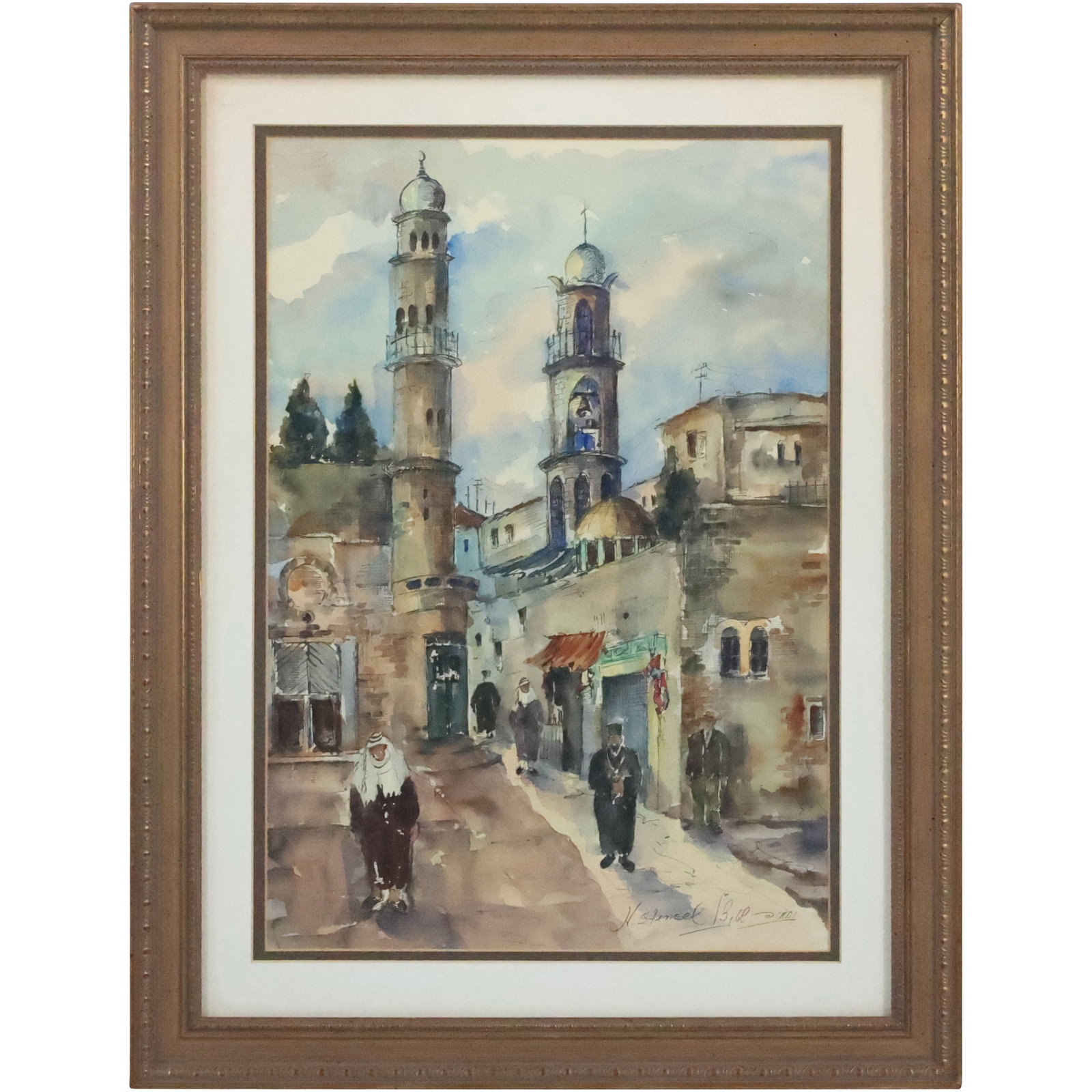Signed H Steneel, Watercolor Painting Middle Eastern Town Scene with Figures in Courtyard (1 of 20)