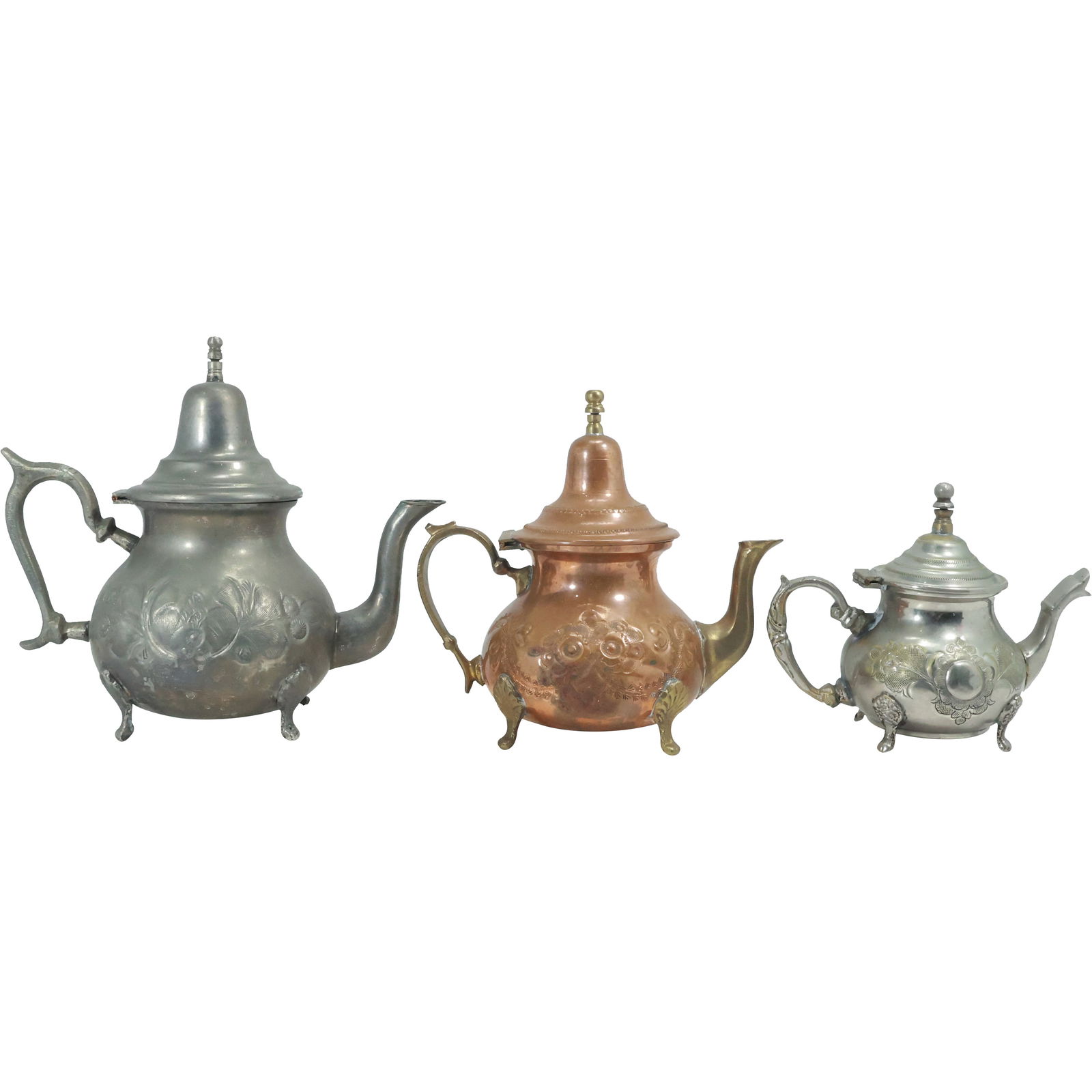 3 Assorted Antique Hand Chased Design Tea Pots, 2 are Pewter, 1 is Copper (1 of 20)