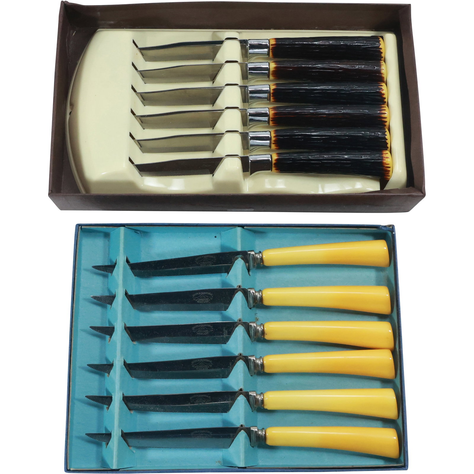 [2] 6-Piece Cutlery Knife Sets both in Fitted Boxes, Armack England and Regent Sheffield: [2] 6-Piece Cutlery Knife Sets both in Fitted Boxes, Armack England and Regent Sheffield. size: 1.75x10.75x6.25 (with ivorine box), 8.75x1 (6x knives), 1x9.25x7 (armack box), 8.75x1 (6x knives)
