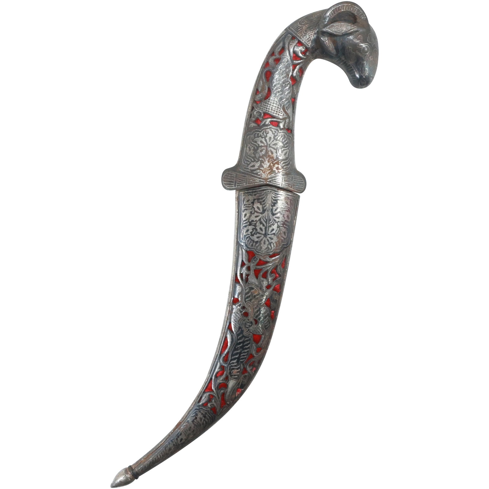Islamic Middle Eastern Dagger with Sheath, Ram's Head Handle, Silver Design (1 of 20)