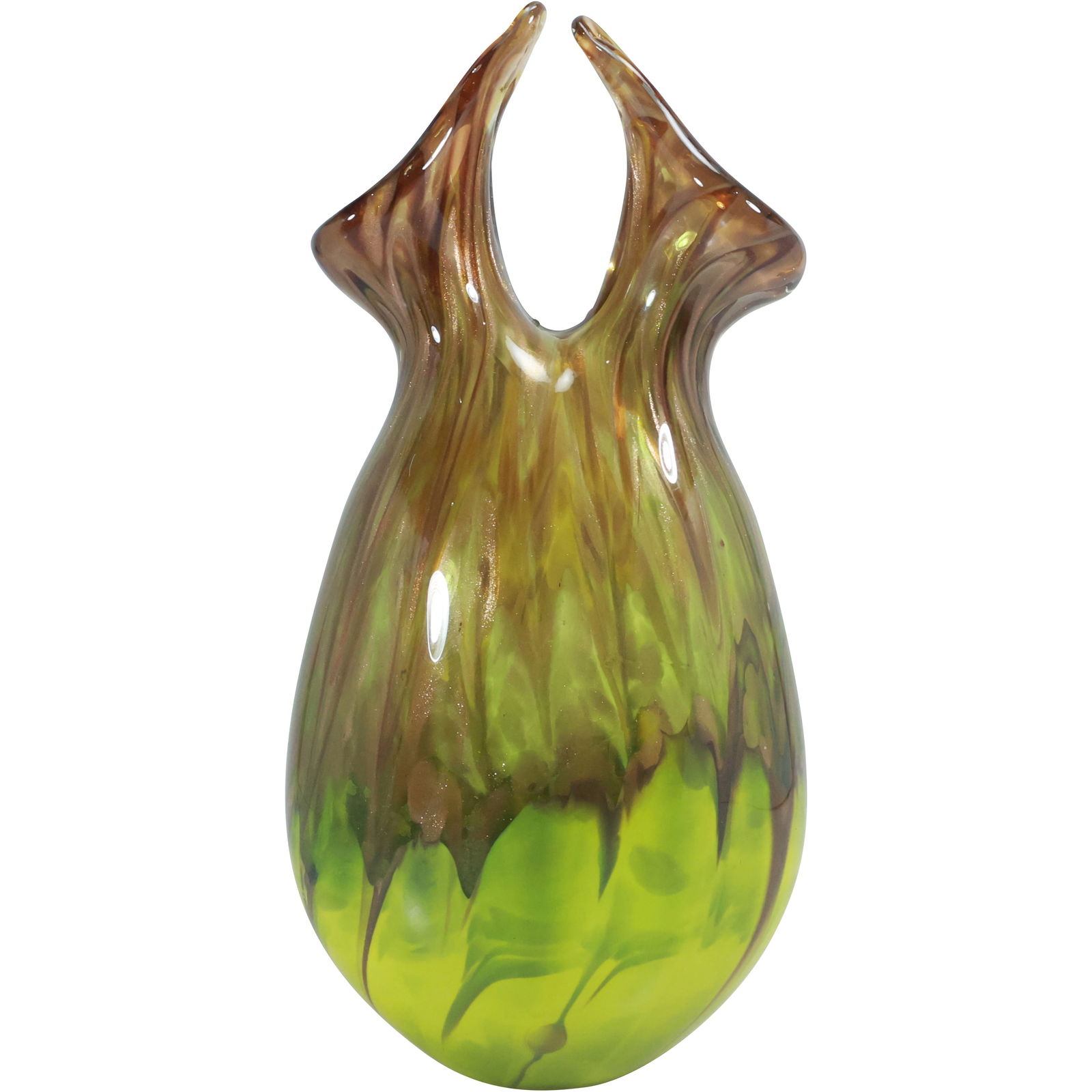 Large Art Glass Vase Brown to Green with Double Leaf Form Openings 17 inches height x 8 in. wide (1 of 20)