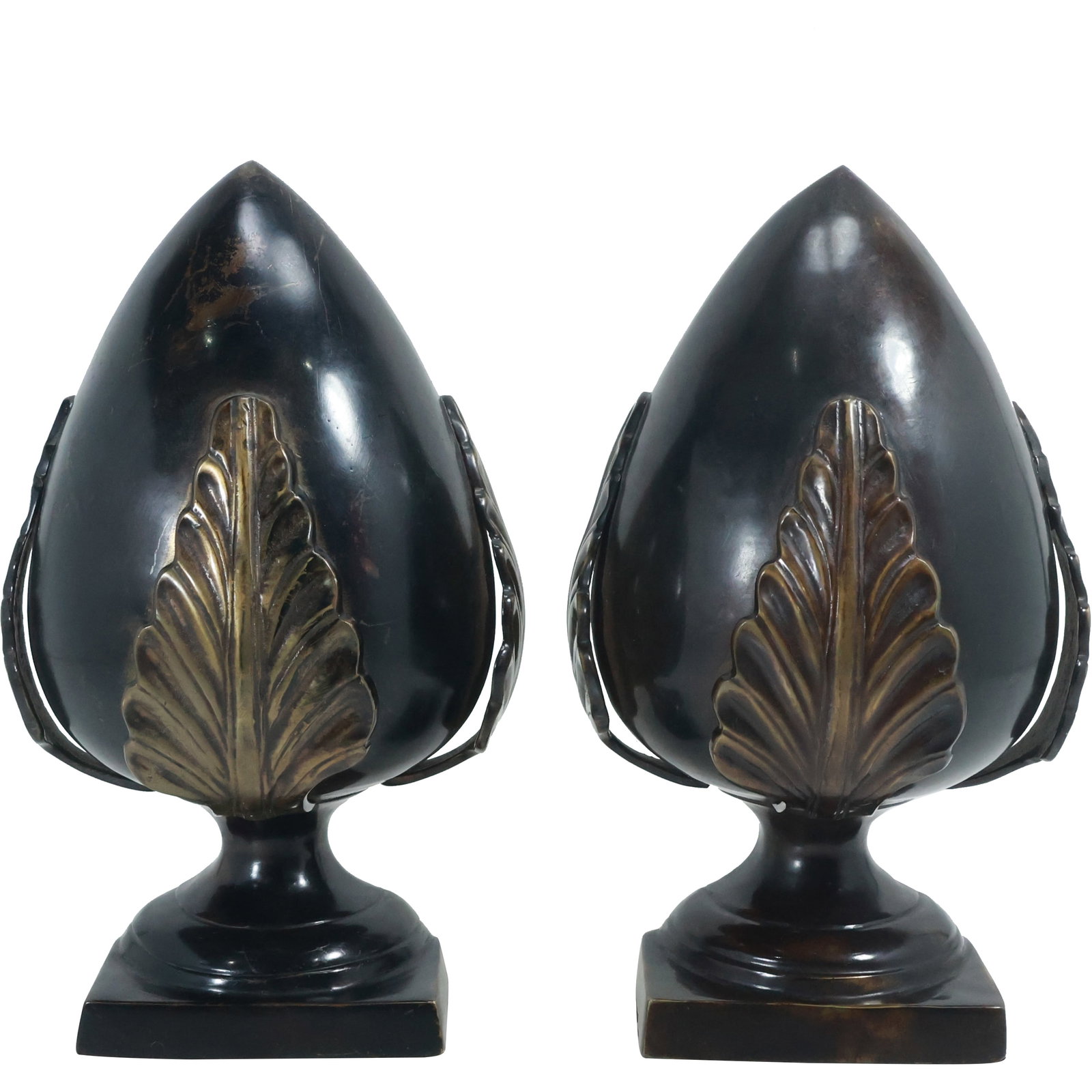 Acorn Shaped Sculptural Brass Bookends with Leaves - Original Patina Finish: Acorn Shaped Sculptural Brass Bookends with Leaves - Original Patina Finish. size: 10.75 in. x 6.5 in.
