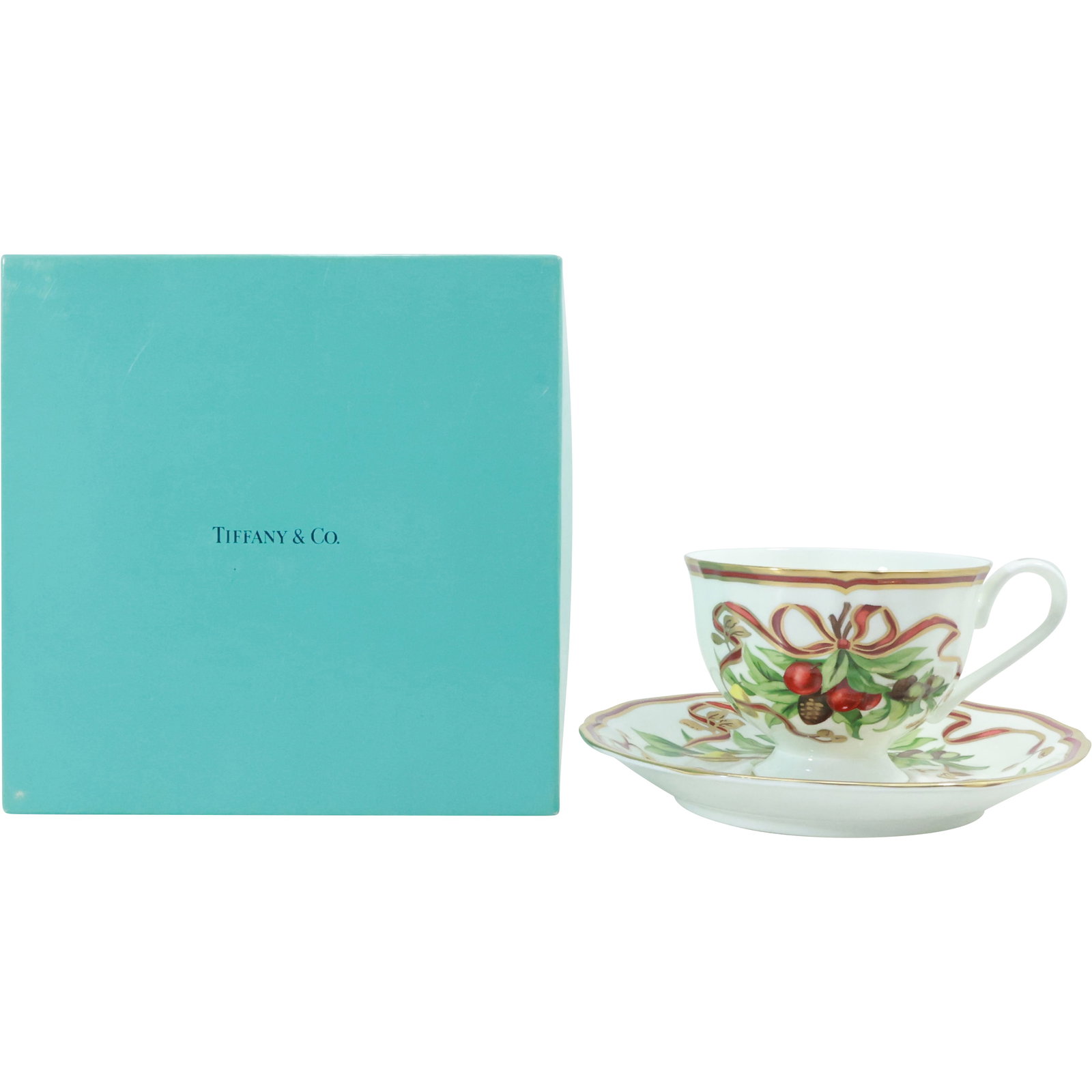 TIFFANY & CO, "Tiffany Holiday" Fine Porcelain Cup and Saucer in Original Box (1 of 19)