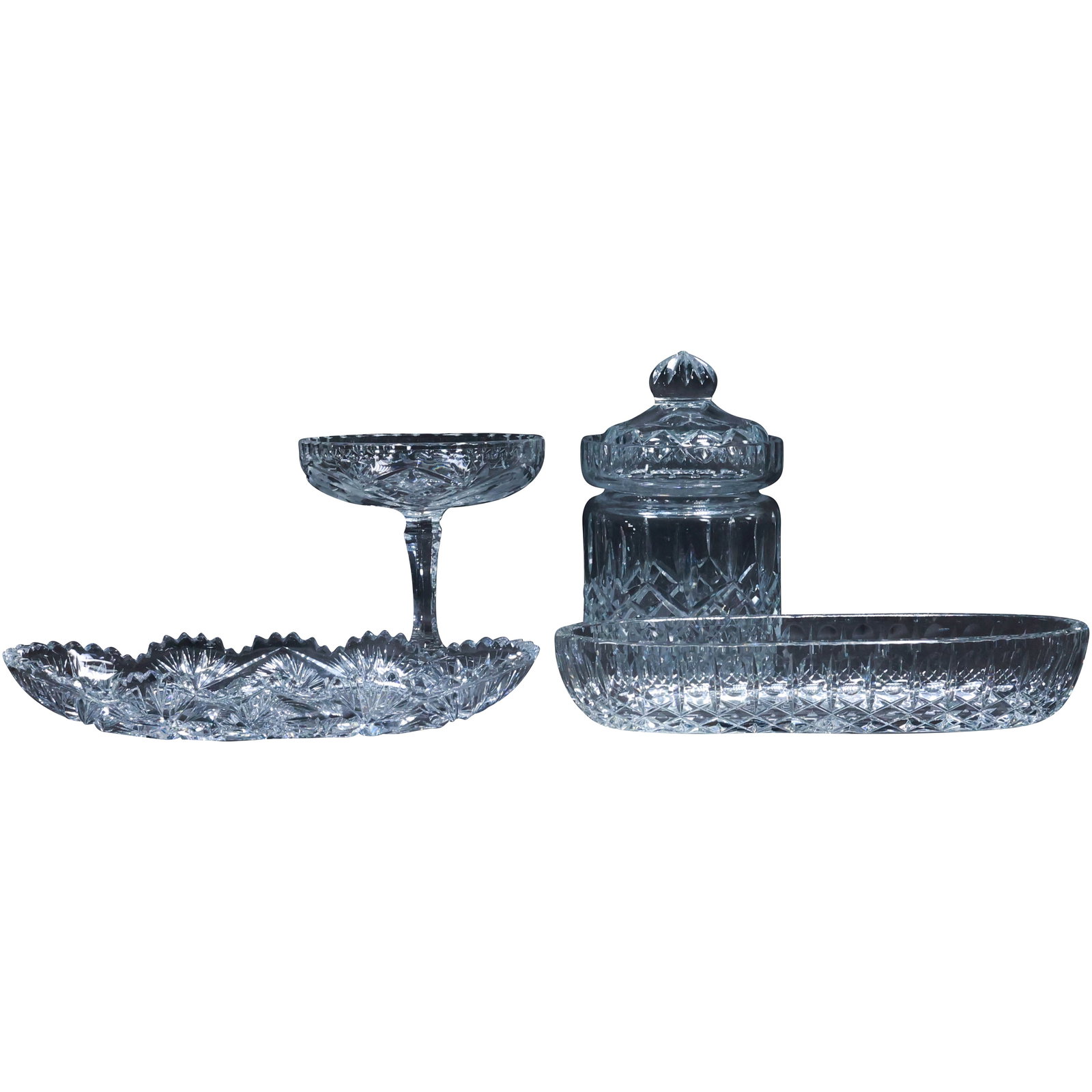 Estate Grouping of 4 Assorted Cut Glass Items: Compote, Relish Dish, Jar, Tray (1 of 20)