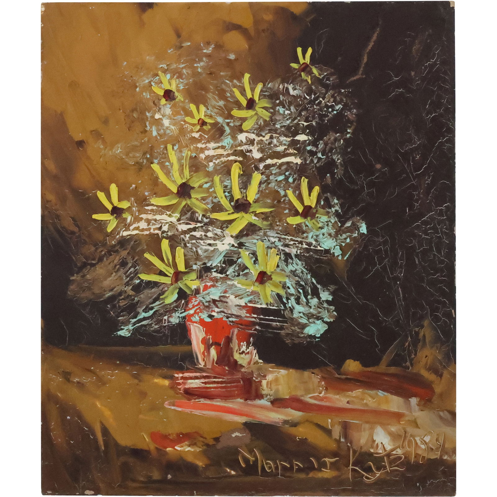 Morris Katz 1989,, Jewish American, Acrylic Painting Still Life Daisies Flowers in Vase (1 of 20)