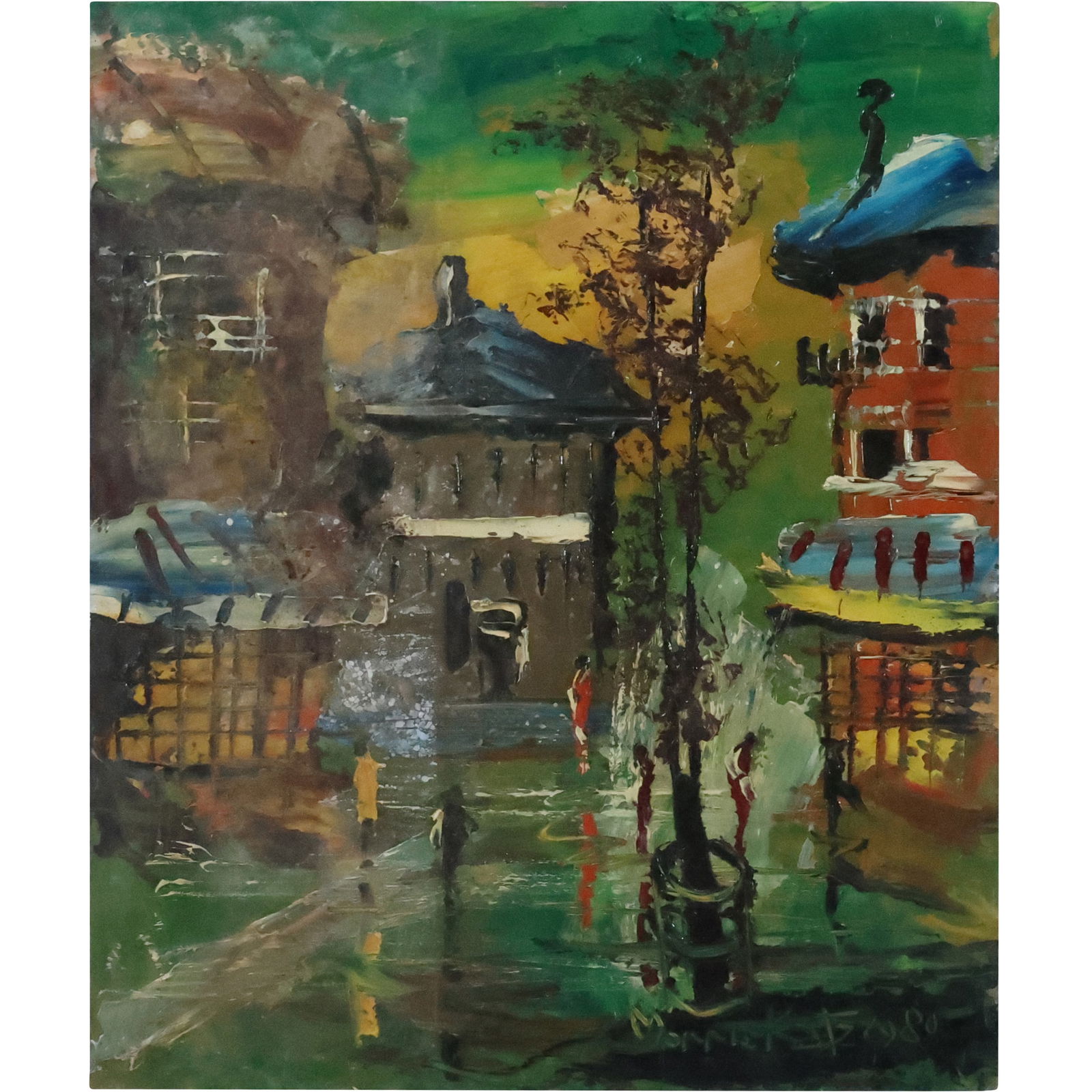 Morris Katz 1980, Jewish American, Acrylic Painting Colorful Town Scene with Figures (1 of 20)