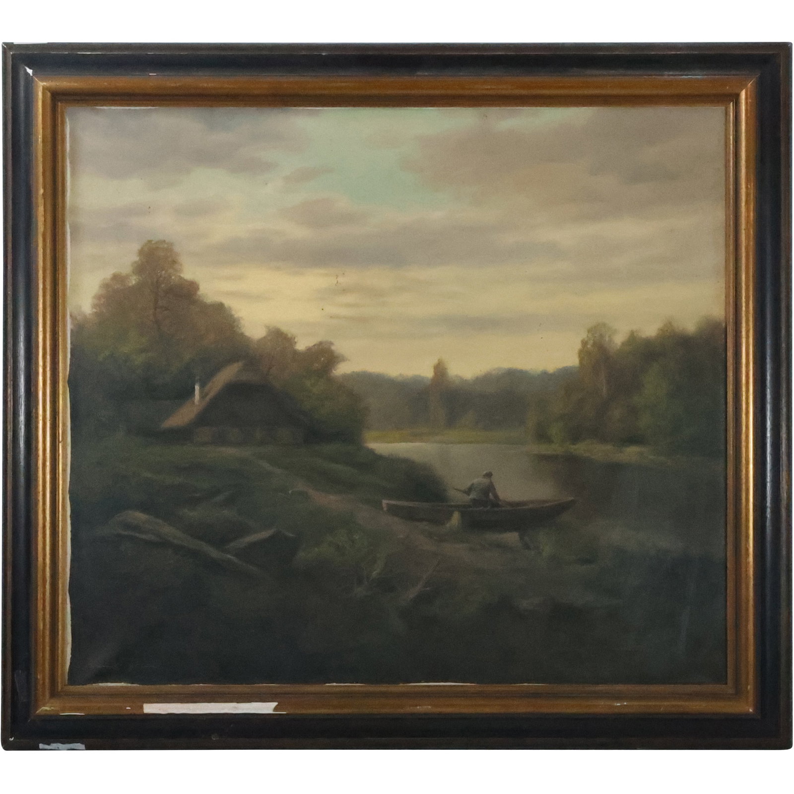 Kramer Brain, Antique Oil Painting Lake Landscape, Thatch Roof Home, Figure in Boat. Oil on canvas: Kramer Brain, Antique Oil Painting Lake Landscape, Thatch Roof Home, Figure in Boat. Oil on canvas painting. Signed front and back, Titled on verso. Framed size: 28 x 32, 33.5 x 37.5 outside frame