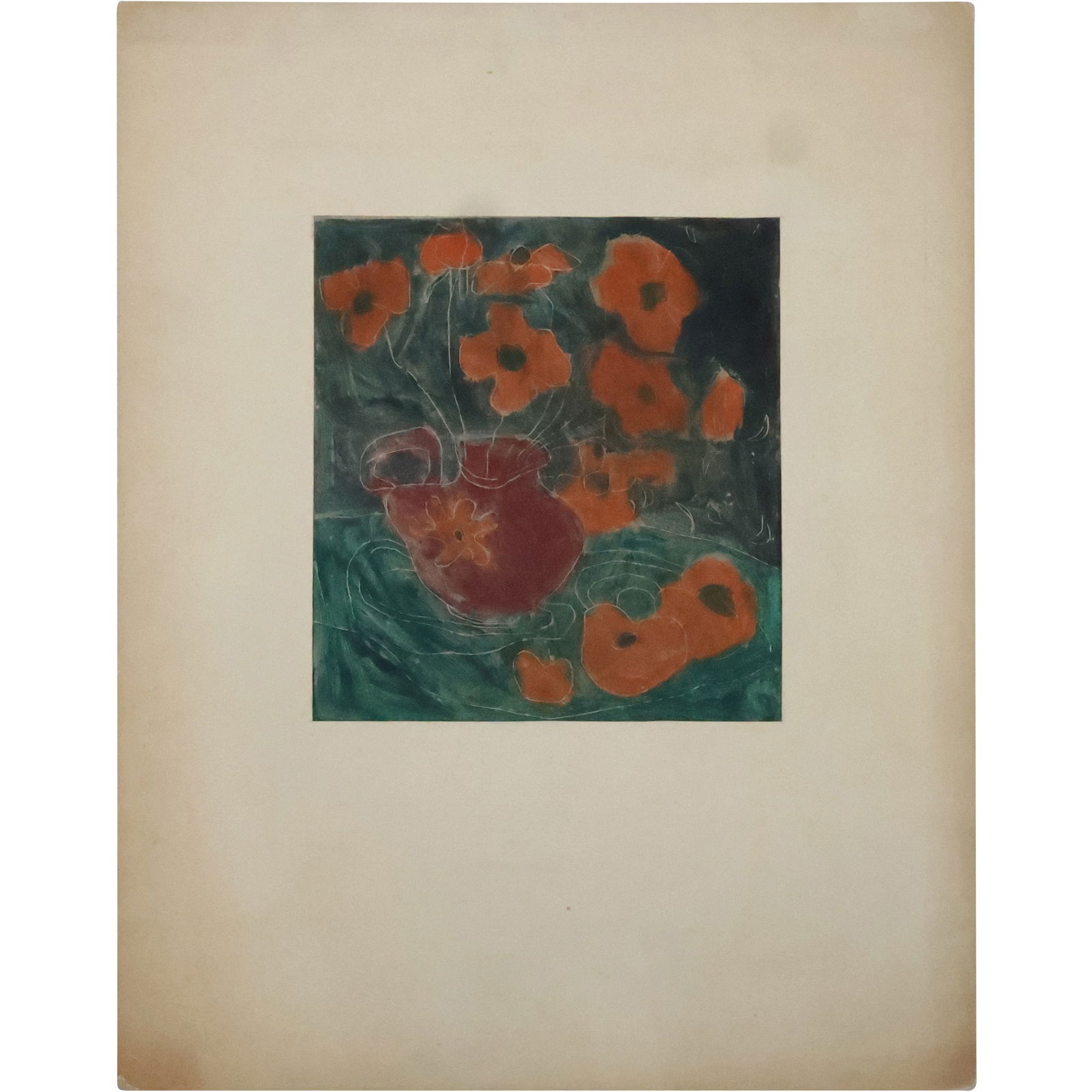 Mixed Media Flowers Lithograph, unsigned Donald Purdy, Estate of The Artist: Mixed Media Flowers Lithograph, unsigned Donald Purdy, Estate of The Artist. size: 13 x 12 matte, 28 x 22 outside matte