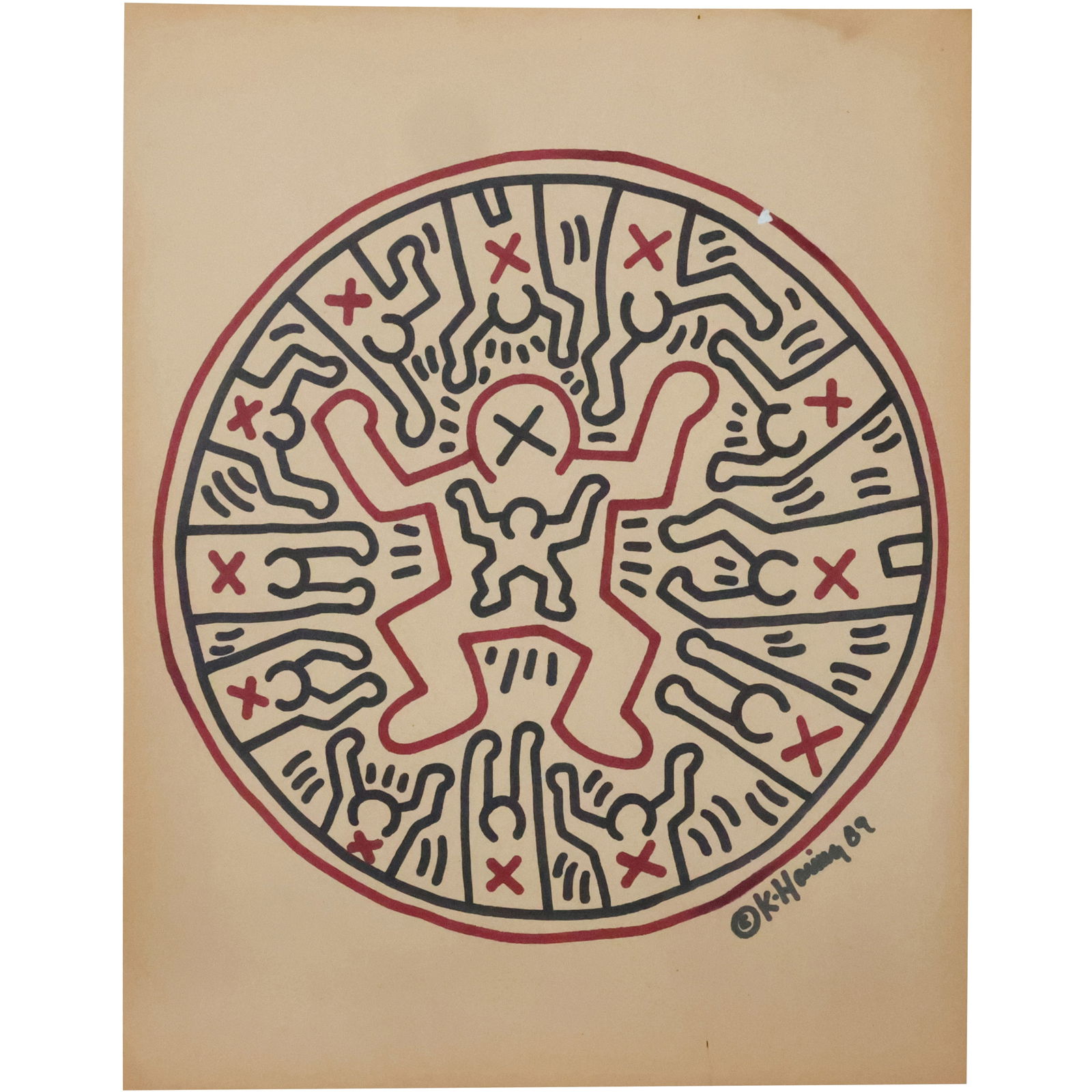 Keith Haring 1989, Felt Tip Marker Artwork on Paper, Figure in Circle, 19 in. x 15 in. (1 of 20)
