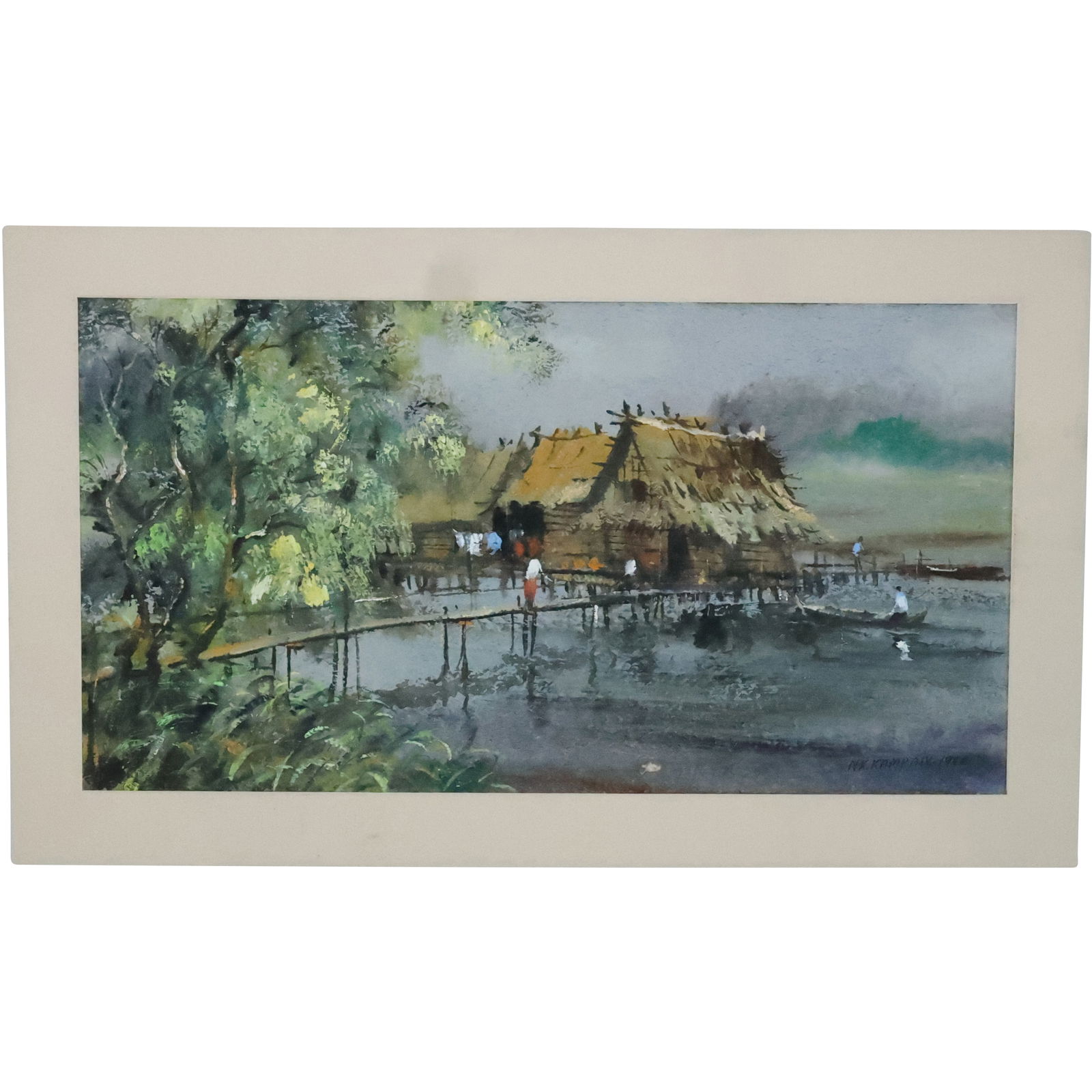 NK Kampan 1968, Unstretched Oil on Canvas South American Huts on Lake Landscape (1 of 19)