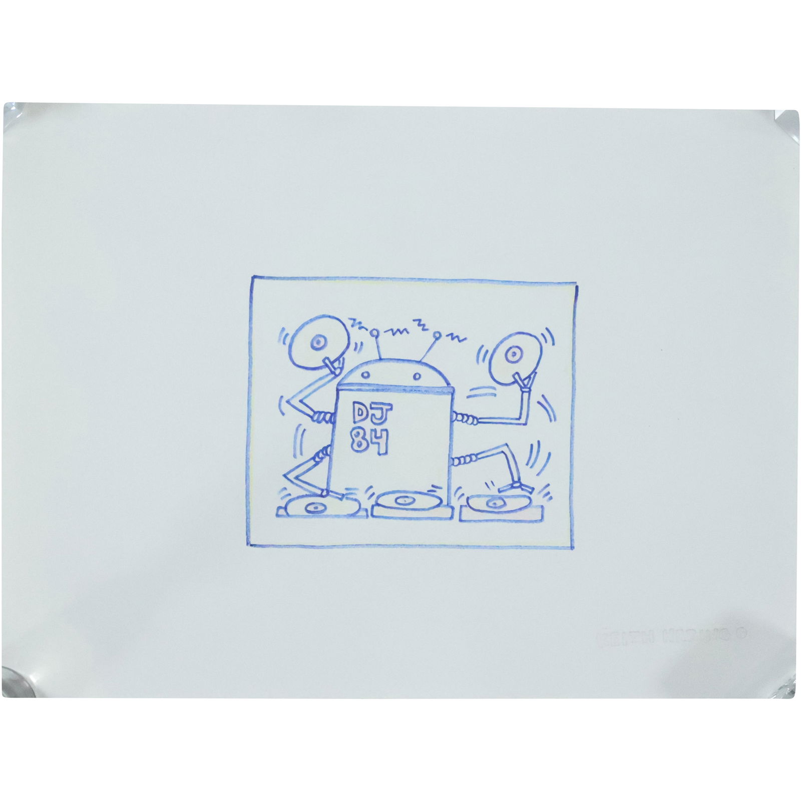 Keith Haring [ Stamped on Verso] Felt Tip Drawing ROBOT DJ 84: Keith Haring [ Stamped on Verso] Felt Tip Drawing ROBOT DJ 84. size: 11.75 in. x 15.75 in.