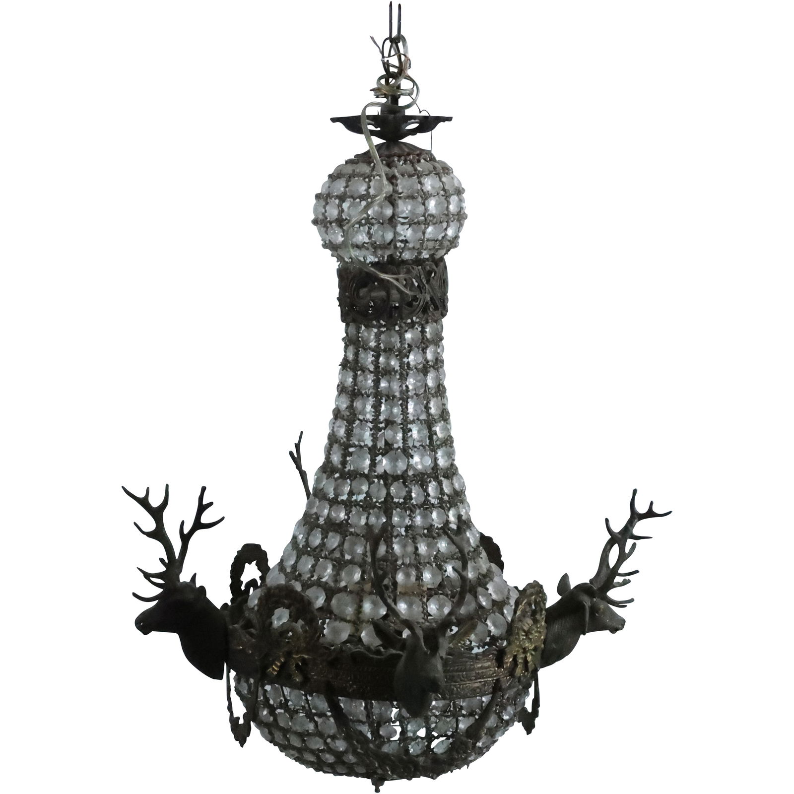 French Empire Crystal Prisms and Bronze Stag Head Mounts Chandelier 27 in. length x 18 in. dia. (1 of 18)