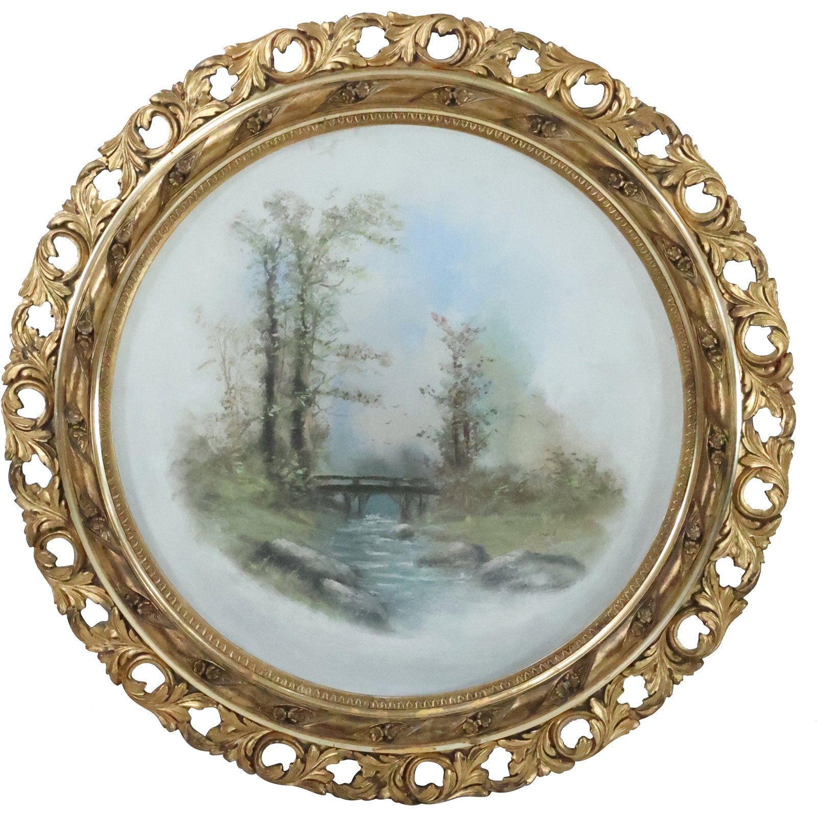 19th C. Hudson River School Round Pastel Landscape Painting in Original Fancy Gold Frame: 19th C. Hudson River School Round Pastel Landscape Painting in Original Fancy Gold Frame. size: 21.5 in. x 21.5 in. (outside frame), 18 in. x 18 in. (inside frame)