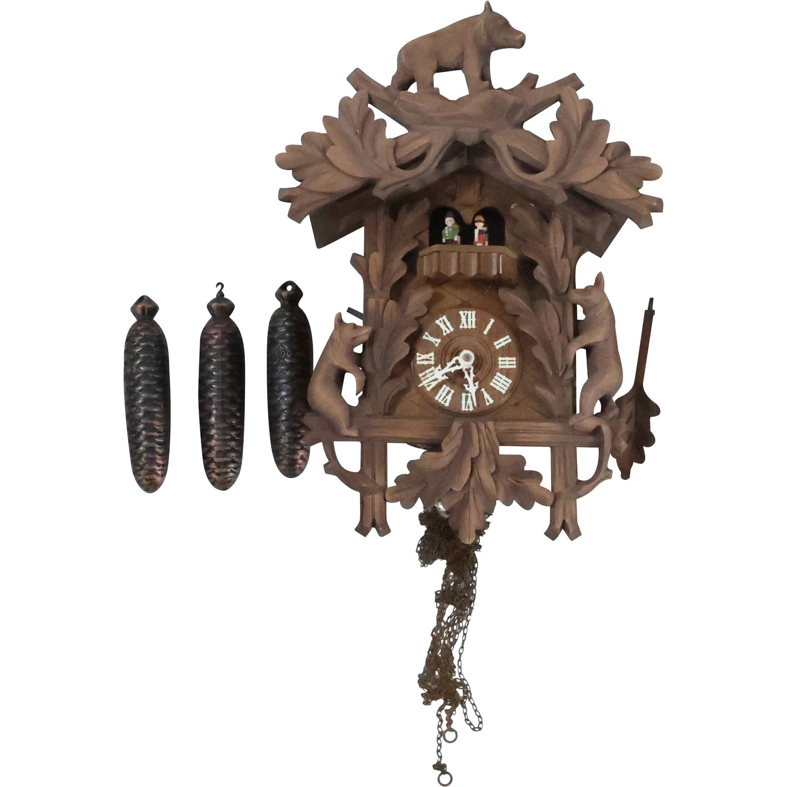 Unusual Carved Walnut Black Forest BEARS Cuckoo Clock, 3 Weights Driven, Original Pendulum (1 of 20)