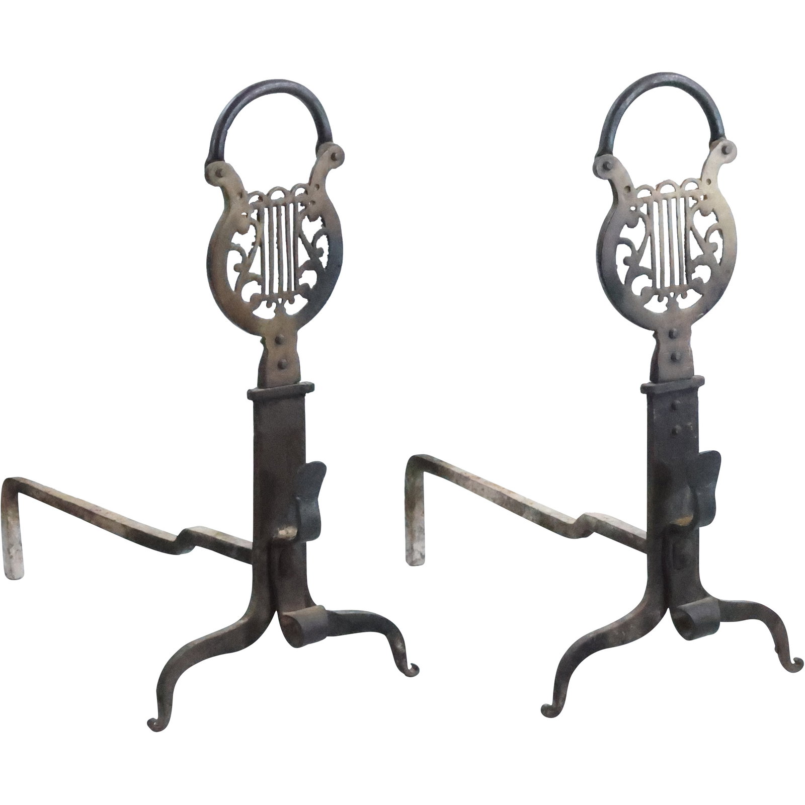 19th C. Hand Wrought Iron with Brass Lyre Tops Fireplace Andirons (1 of 20)