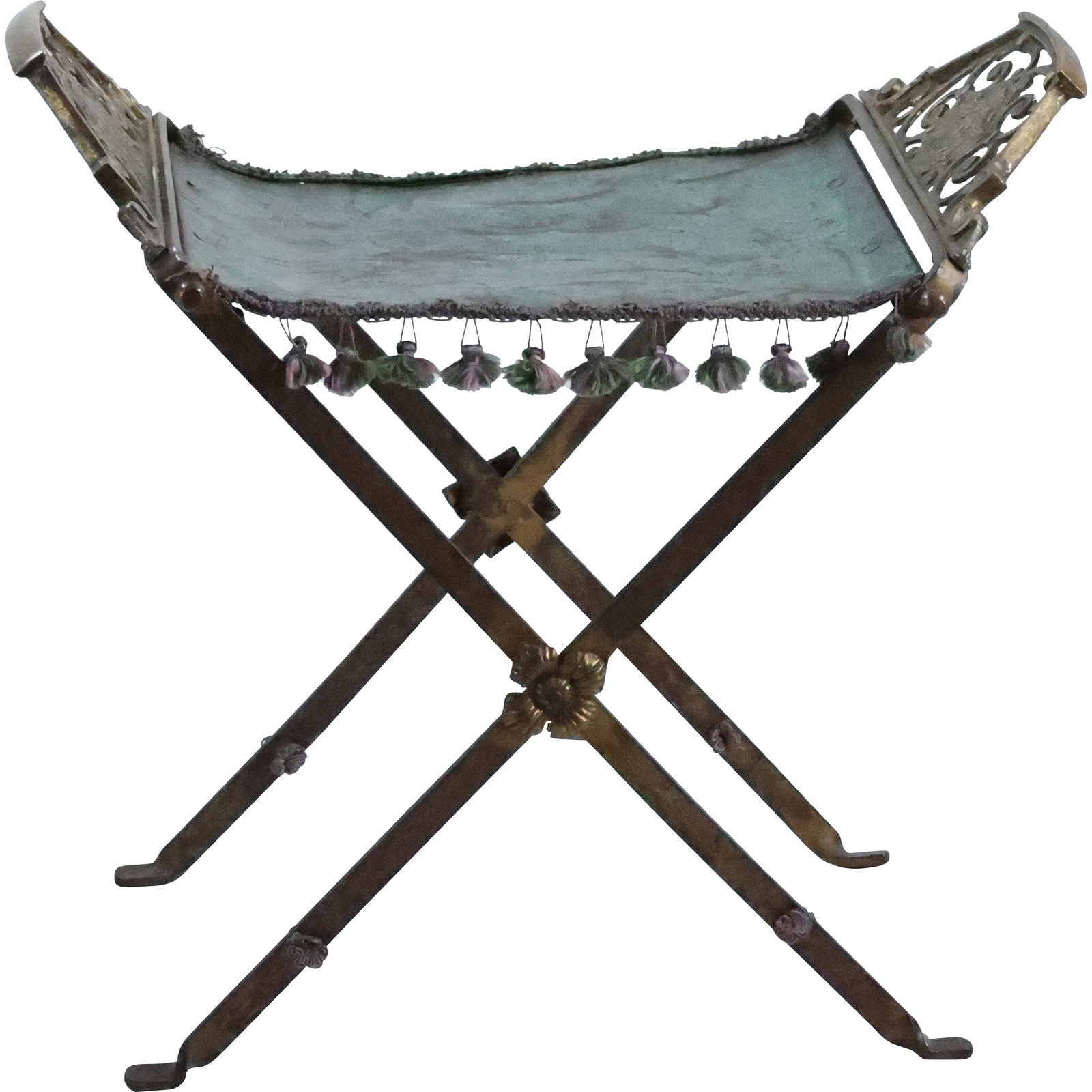 Oscar Bach Style Bronze and Iron with Faces X-Frame Vanity Stool in Original Patina (1 of 20)