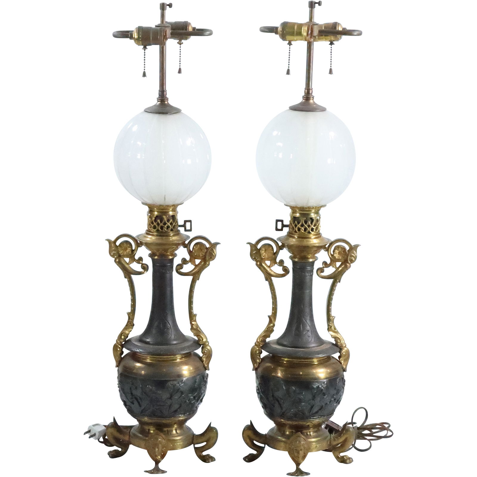 Fabulous Pair French Empire Bronze & Metal Roman Scene with Glass Sphere Table Lamps 33 in. height (1 of 20)