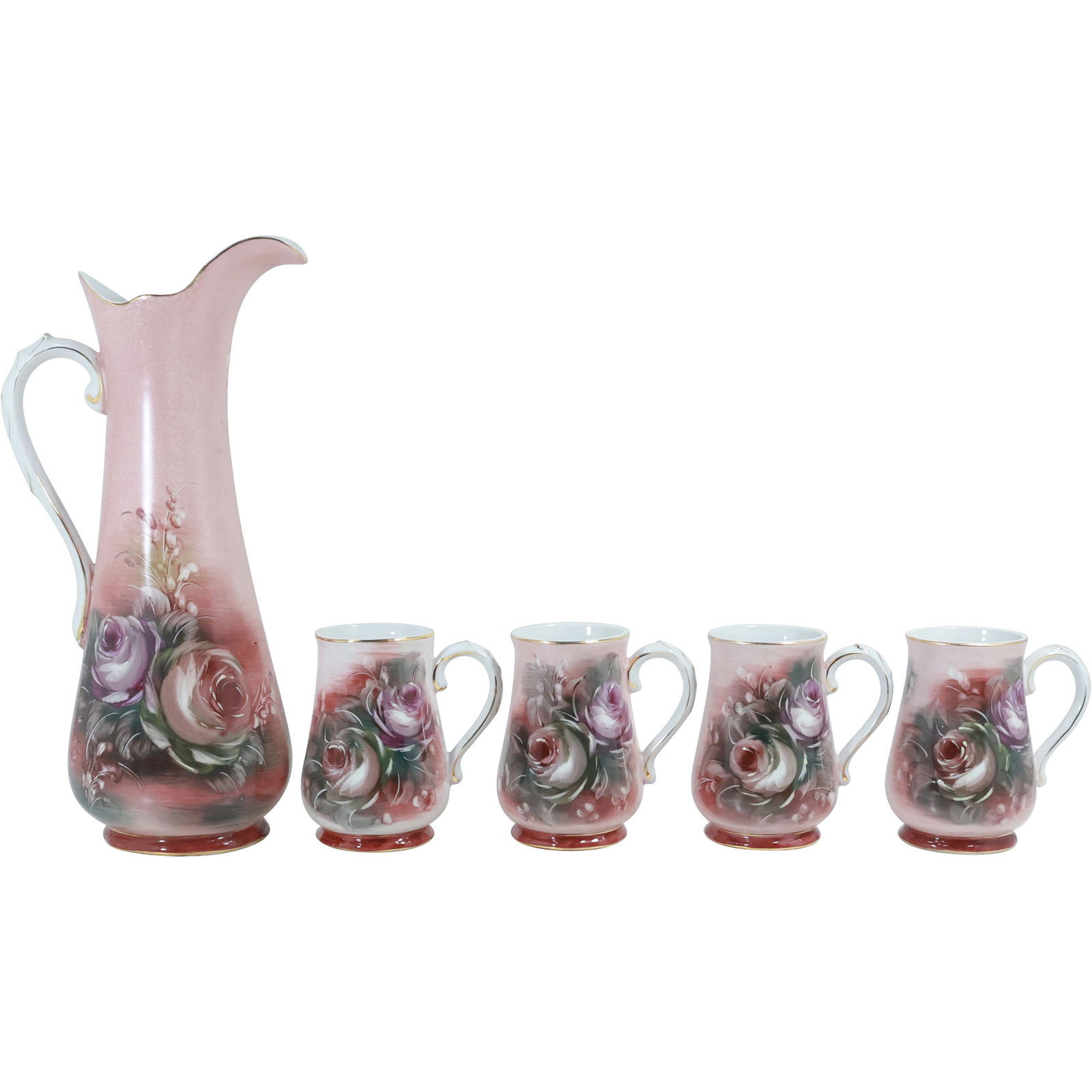 Limoges Style Porcelain Chocolate Tankard with 4 Matching Cups Hand Painted Roses (1 of 20)