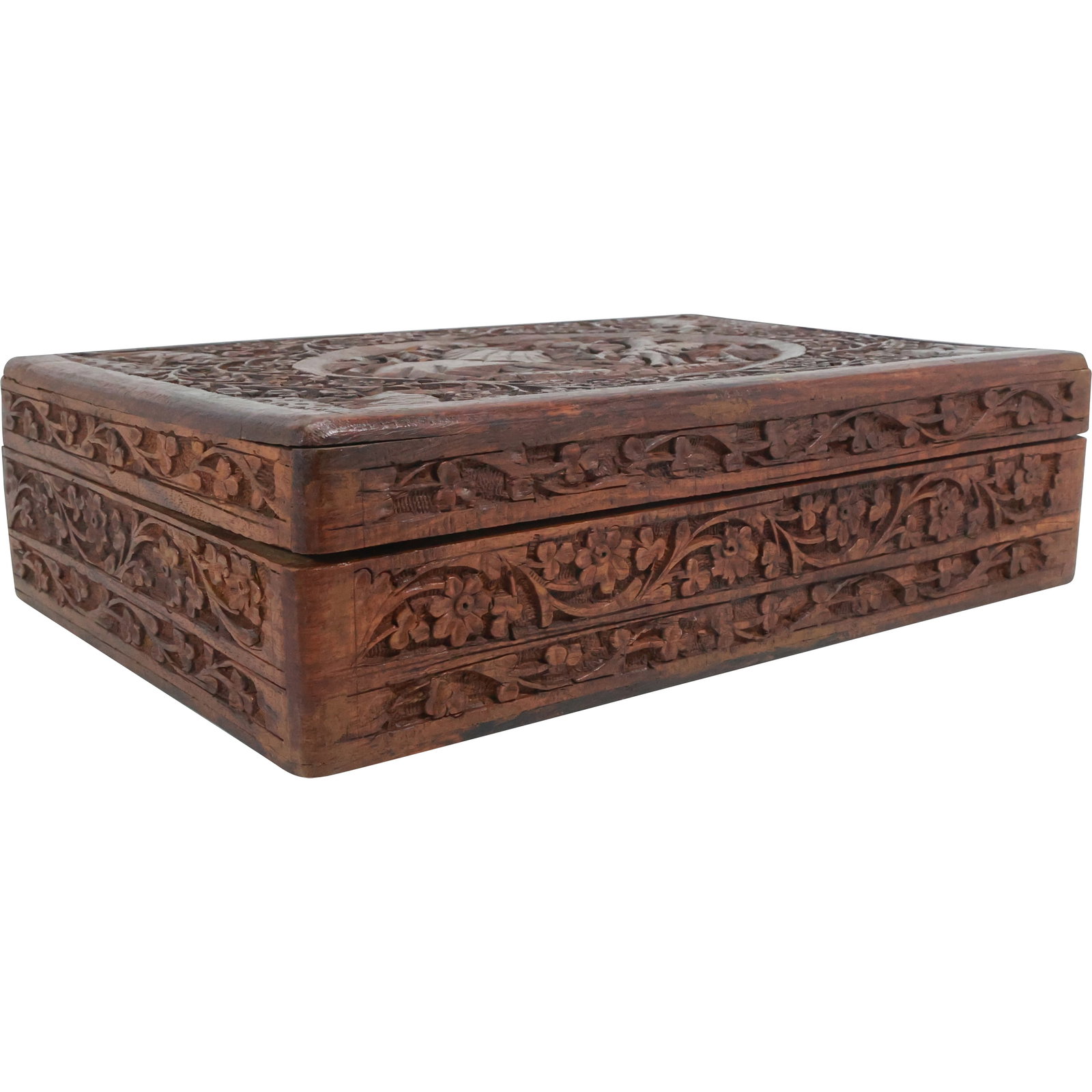 Hand Carved Wooden Box with All Over Flowers , Blue Fabric Lined Interior: Hand Carved Wooden Box with All Over Flowers , Blue Fabric Lined Interior. size: 3.75 in. x 12 in. x 8 in.