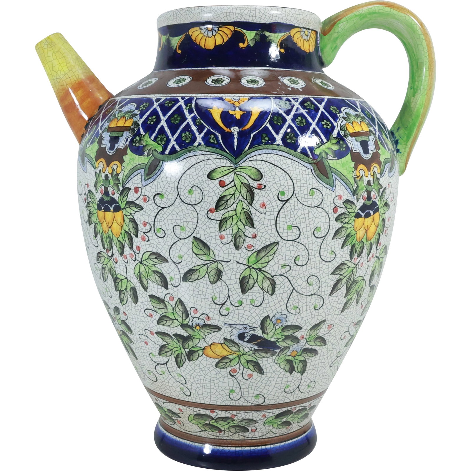French Faience Pottery Decorated Jar / Vessel 15.75 inches height x 13.5 in. wide: French Faience Pottery Decorated Jar / Vessel 15.75 inches height x 13.5 in. wide. size: 15.75x13.5