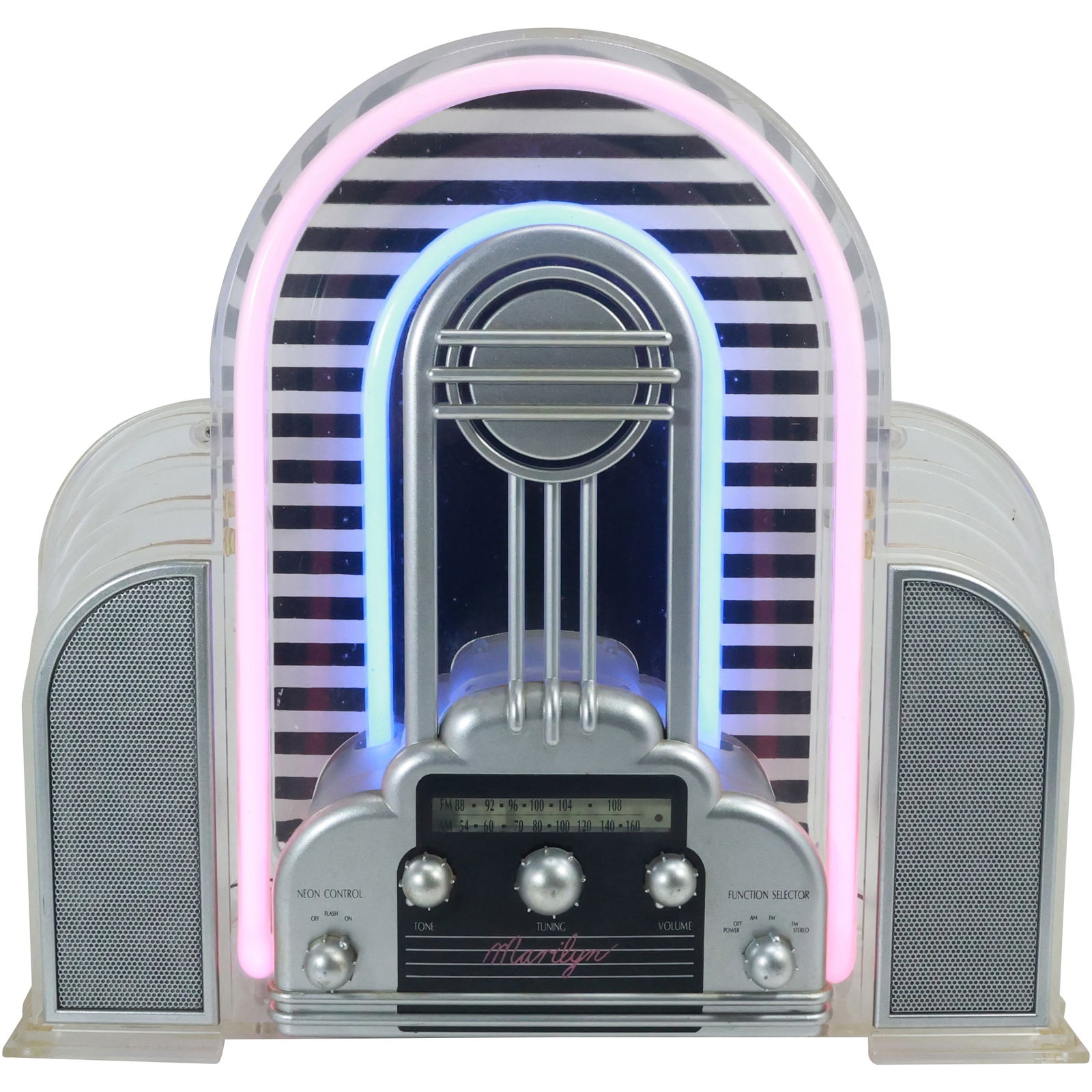 Marilyn Radio by Cicena, Clear Lucite with Neon, Style of Art Deco 15 in. height x 16 in.: Marilyn Radio by Cicena, Clear Lucite with Neon, Style of Art Deco 15 in. height x 16 in. size: 15x16
