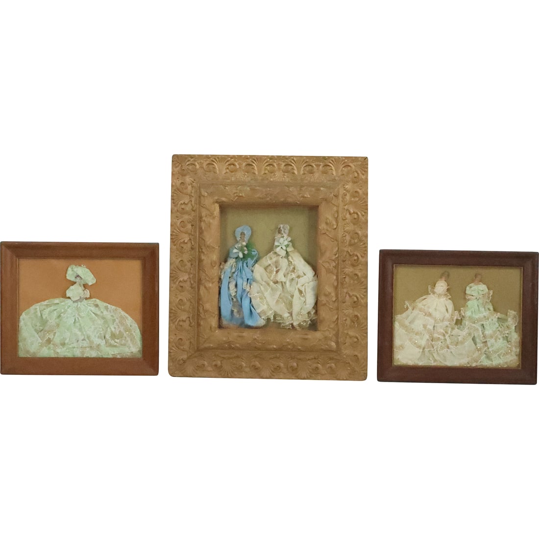 3 Assorted Victorian Folk Art Fashion Women in Lace and Fabric, all 3 Framed: 3 Assorted Victorian Folk Art Fashion Women in Lace and Fabric, all 3 Framed. size: 2x (8 x 10, 10.25 x 12.25 outside frame), (9.5 x 7.5, 17.25 x 15.25 outside frame)