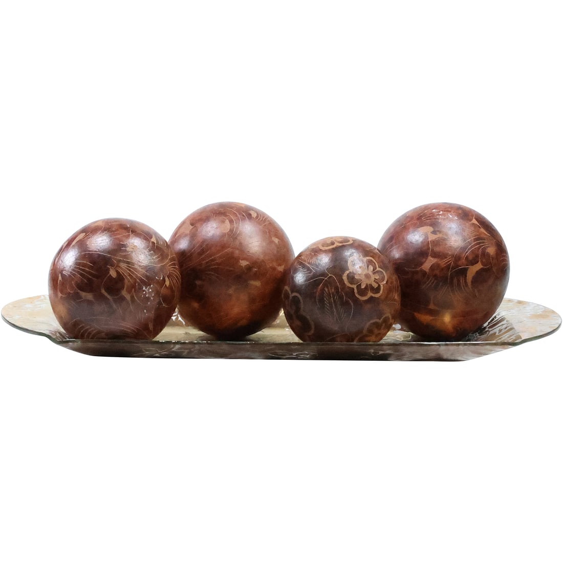 4 Decorative Burlwood Balls on a Glass Serving Tray (1 of 20)