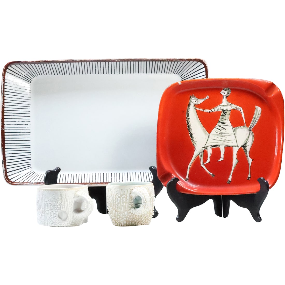 4 Pieces: Gustavsberg Sweden Pottery Tray, 2 Danish Pottery Mugs, Italian Red Ceramic Tray Horse (1 of 20)