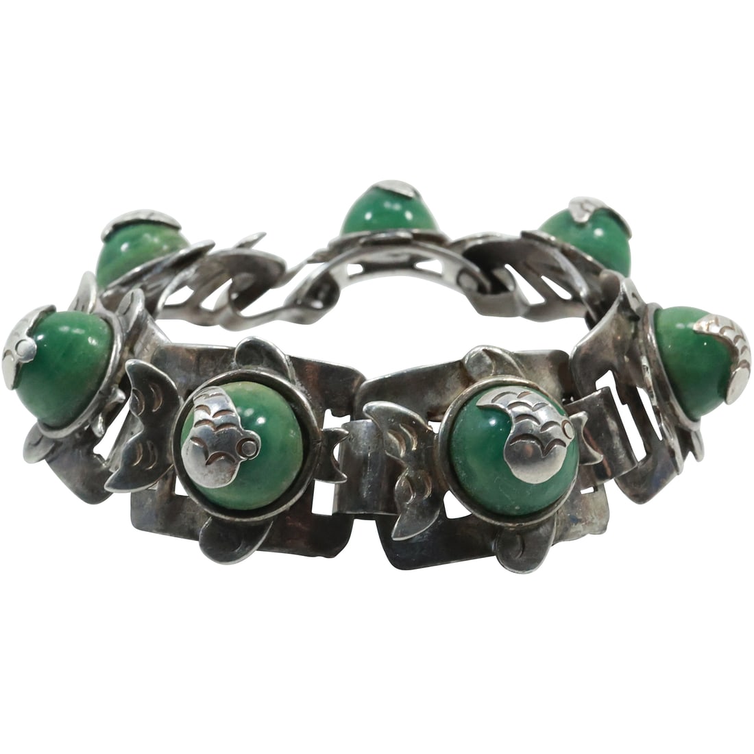 Mexico Sterling Silver with Malachite Stones "Fish" Bracelet [7 Links], 7 1/4 in. x 1 in. (1 of 18)