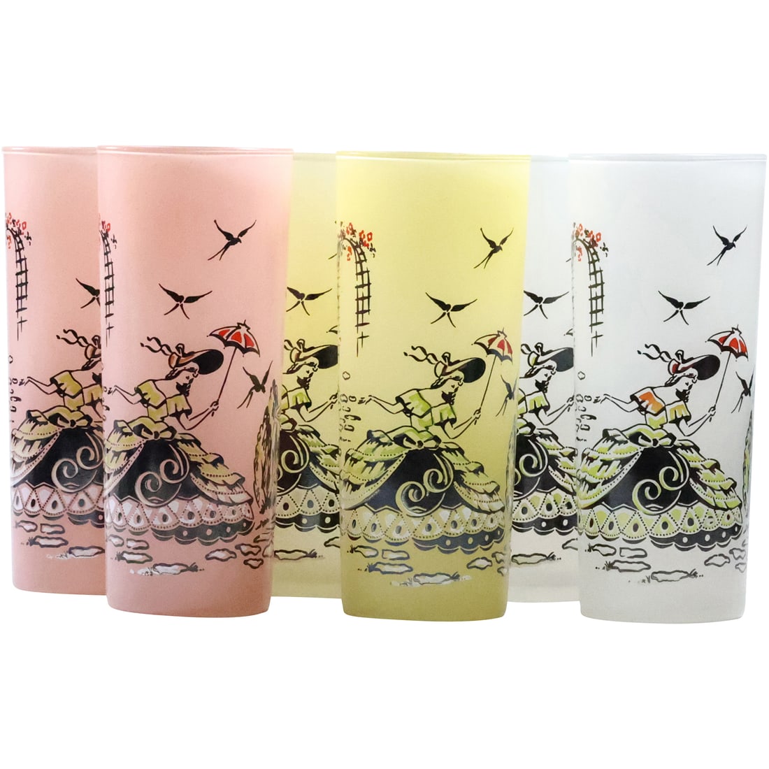 6 Color Satin Glass Drinking Glasses with Southern Belle Fashion Gown Holding Parasol, Barware: 6 Color Satin Glass Drinking Glasses with Southern Belle Fashion Gown Holding Parasol, Barware. size: 6.5 x 2.75