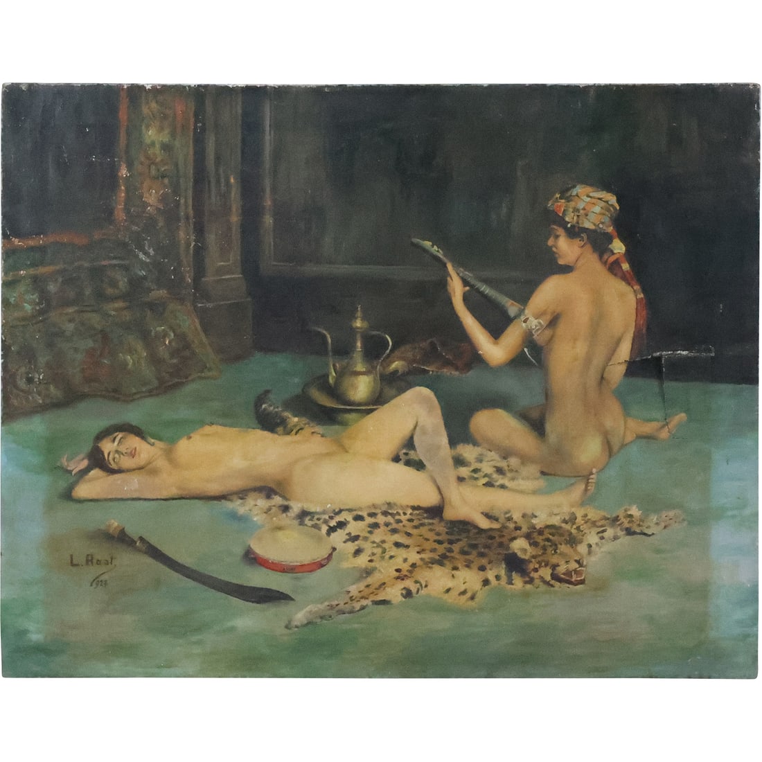 after Hermann Fenner-Behmer, Oil Painting on Canvas "Reclining Osalisque" Signed L Raot 1927 (1 of 20)