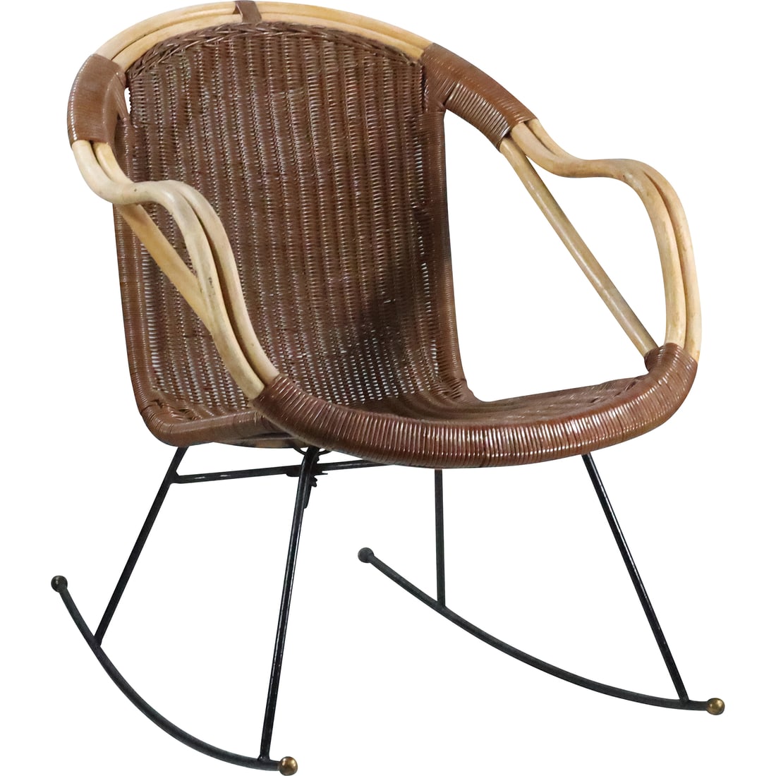 Danny Ho Fong style Vintage Mid Century Modern Wrought Iron & Woven Rattan Rocking Chair (1 of 19)
