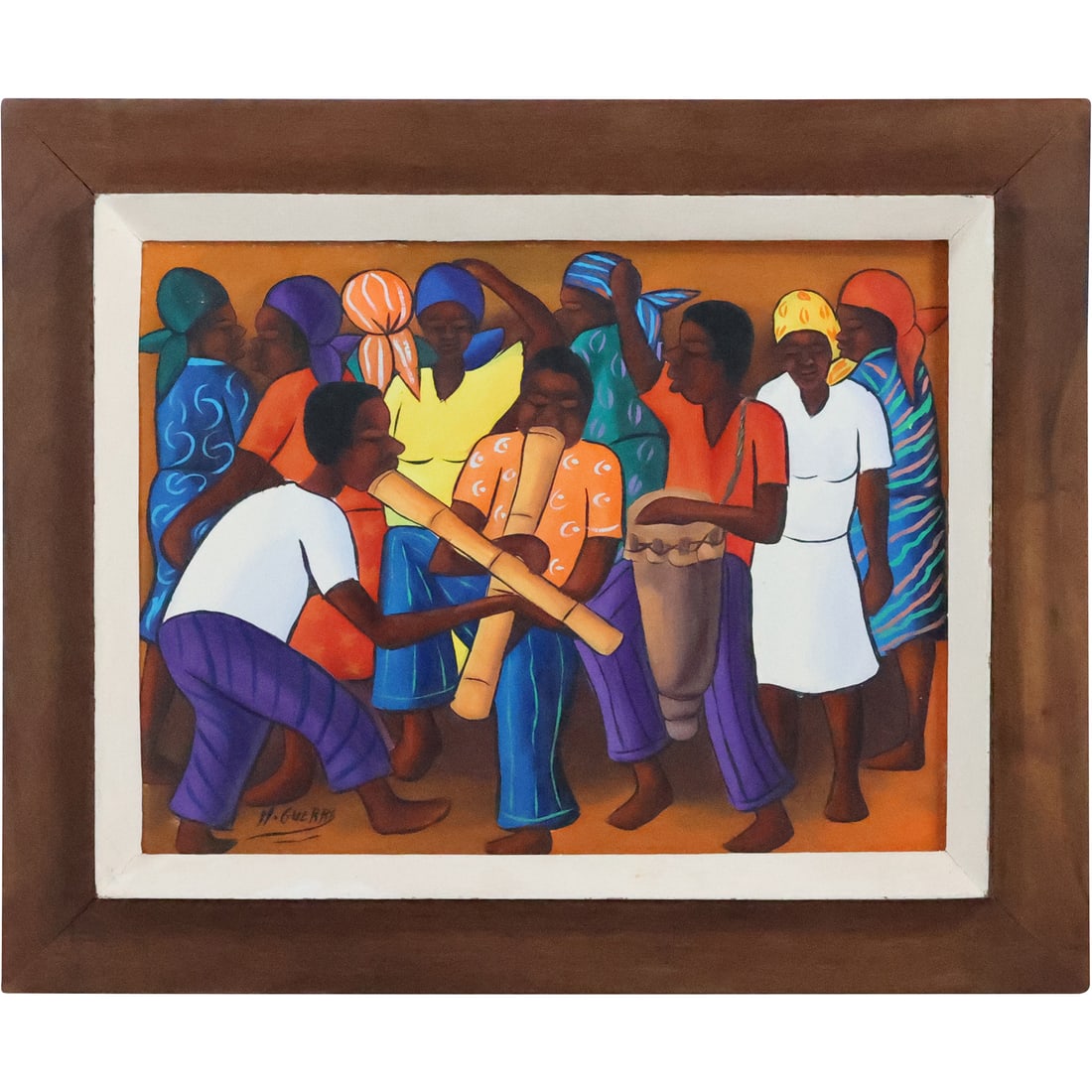 Signed M Guerne, Oil on Canvas Painting, Haitian Musicians with Figures Dancing, Framed: Signed M Guerne, Oil on Canvas Painting, Haitian Musicians with Figures Dancing, Framed. size: 12 x 16, 17 x 21 outside frame
