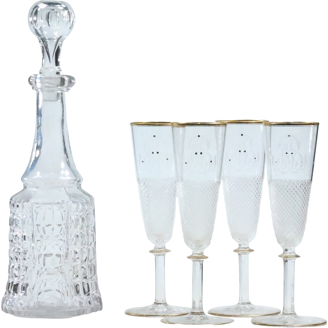 Crystal Glass Liquor Decanter and Set 4 Crystal Glass Flutes, Barware (1 of 20)