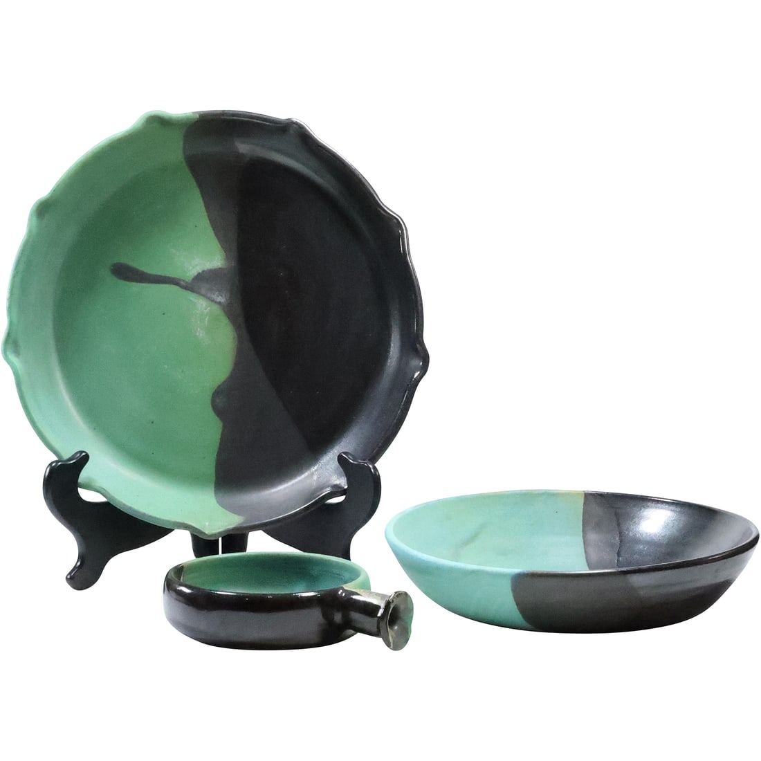 3 Assorted Signed Studio Art Pottery Platter, Bowl and Oven Dish, Green & Black (1 of 20)