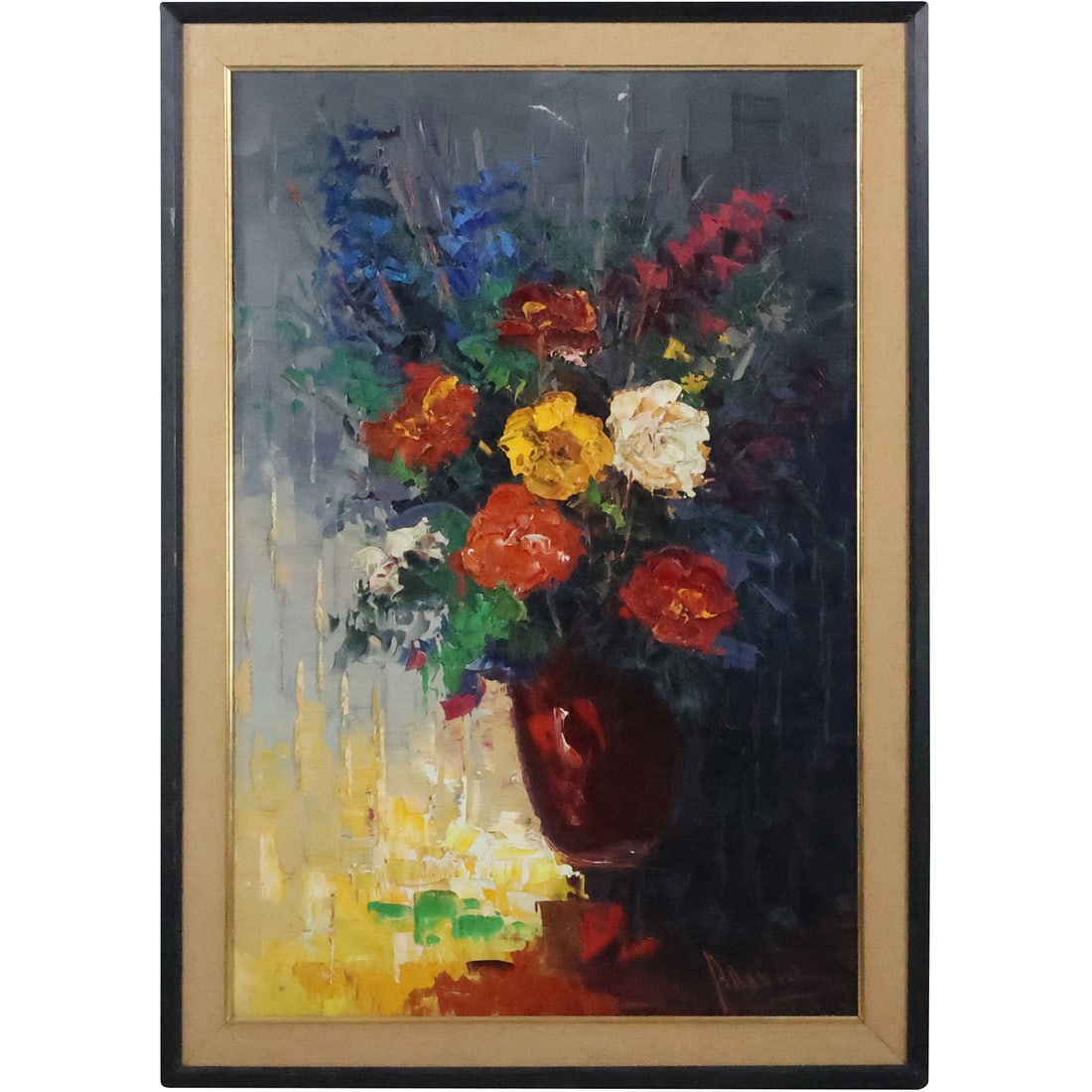 Signed Mid-Century Modern Palette Knife Oil Painting Still Life Flowers in Vase, Framed (1 of 20)