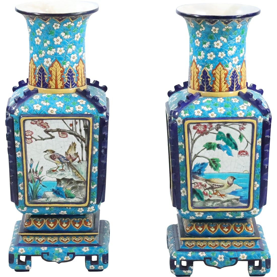 Pair Spectacular Antique Chinese Porcelain Vases on Stand with Bird Motif Panels 20.75 inches (1 of 20)