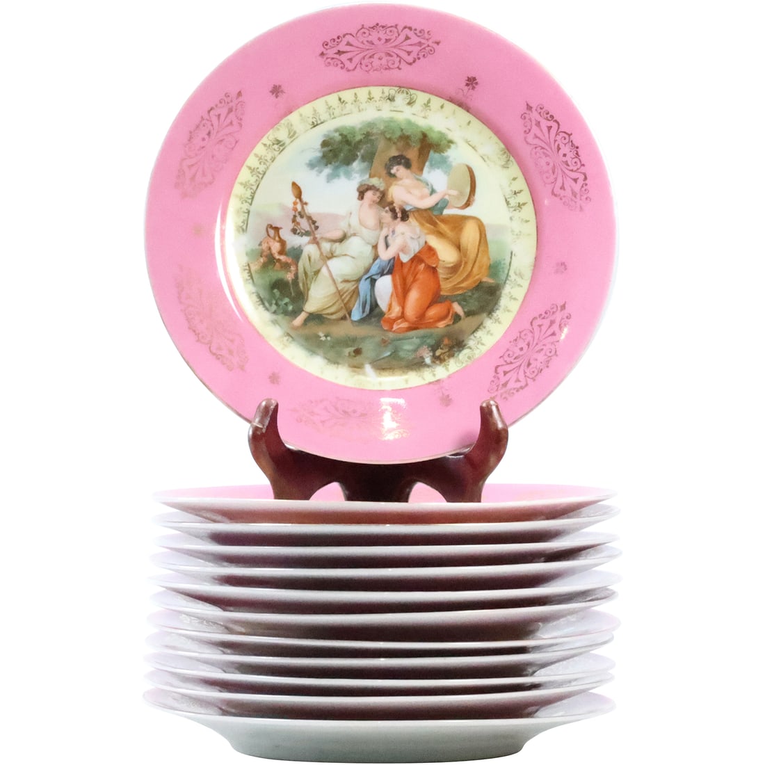 Set 12 Victoria Czechoslovakia Fine Porcelain Cabinet Plates with Pink Border, Maiden Scenes (1 of 19)