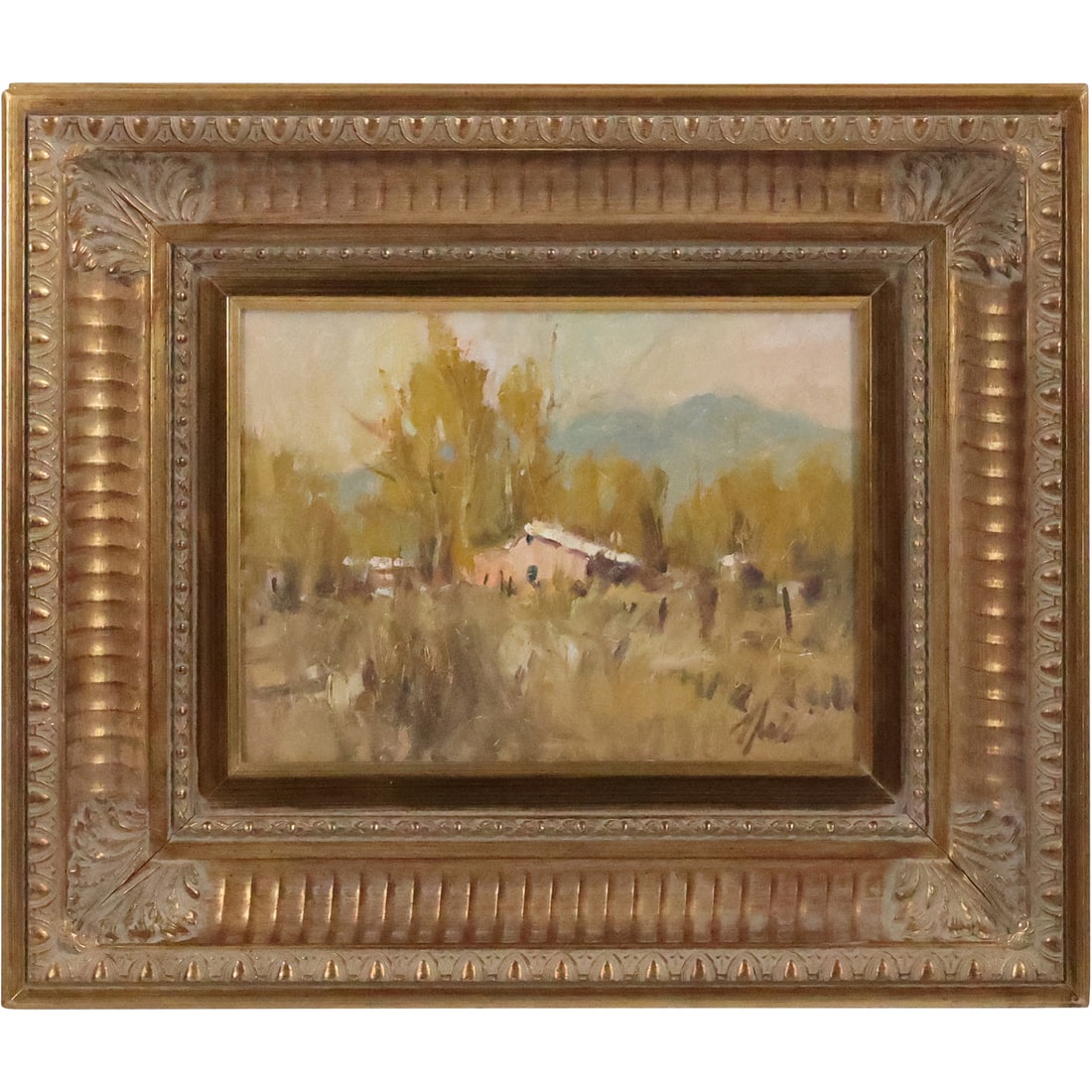 Fine 20th C. Impressionism Landscape with Homestead, Artist Signed Illegible, Oil Painting on Board (1 of 20)