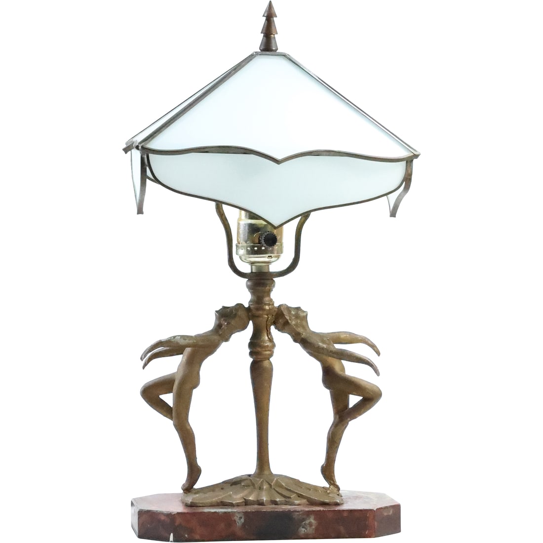 Circa 1920s Cast Metal 2 Nude Women Dancers Table Lamp with Art Deco Glass Paneled Shade: Circa 1920s Cast Metal 2 Nude Women Dancers Table Lamp with Art Deco Glass Paneled Shade. Mounted on a Rose Marble base. size: 15.5 in. height x 8.5 in. x 6 in. w/ shade