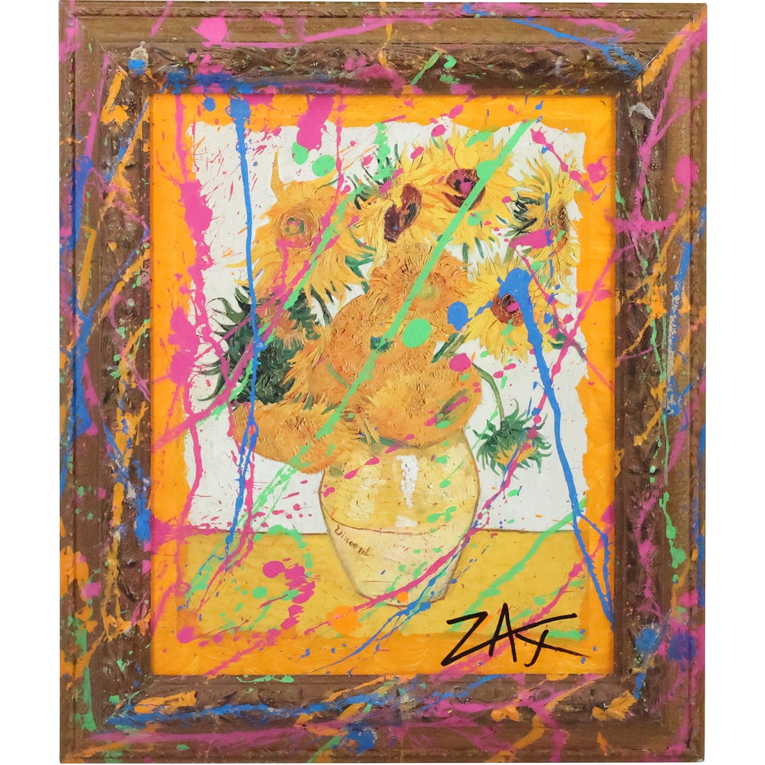 E M ZAX, Calif. 20th C. Abstract Painting Over Vincent Van Gogh Giclee, Framed, Biography on Verso (1 of 20)