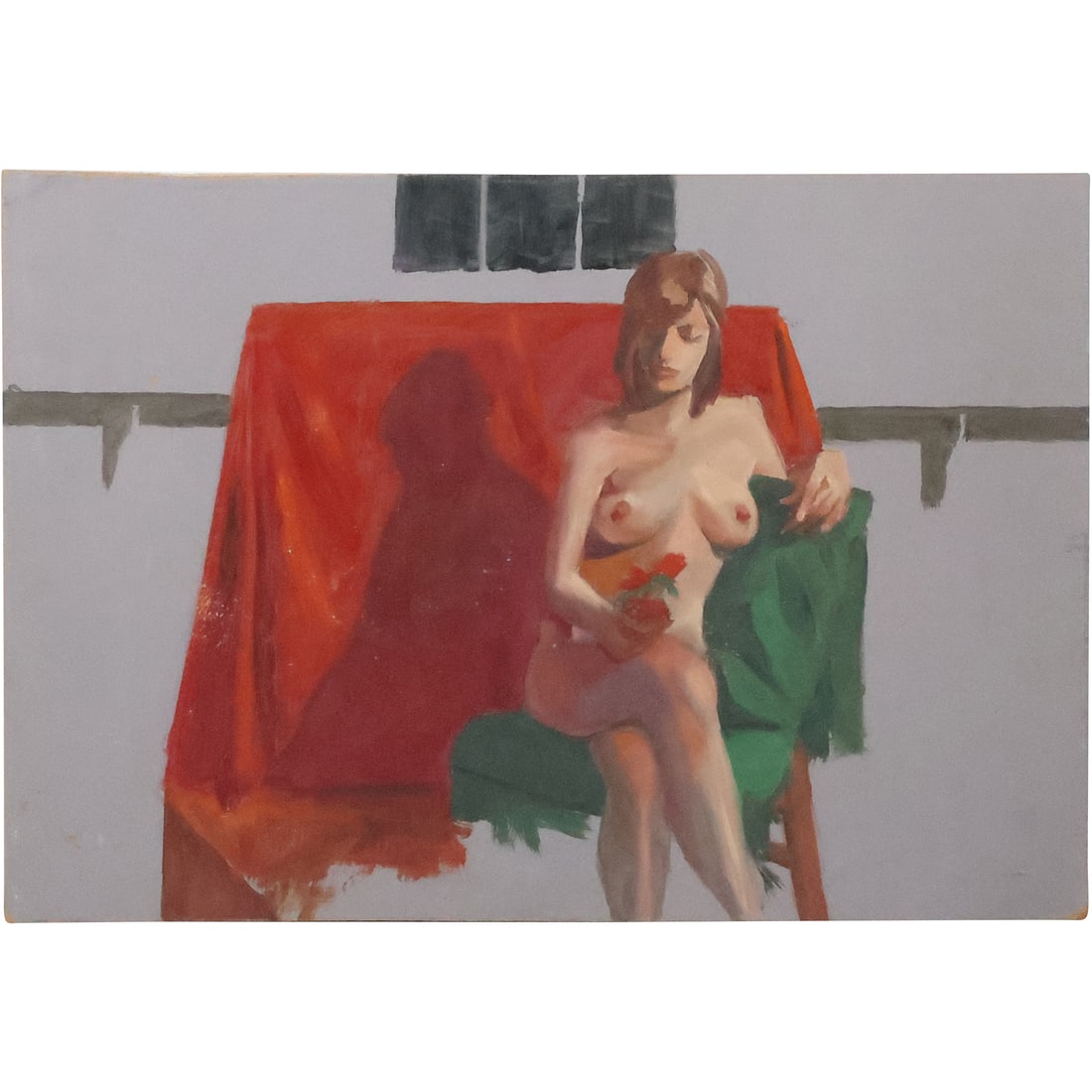 Vintage Oil on Board Painting "On The Bench" Seated Nude Holding Red Roses: Vintage Oil on Board Painting "On The Bench" Seated Nude Holding Red Roses. size: 16 in. x 23 in.
