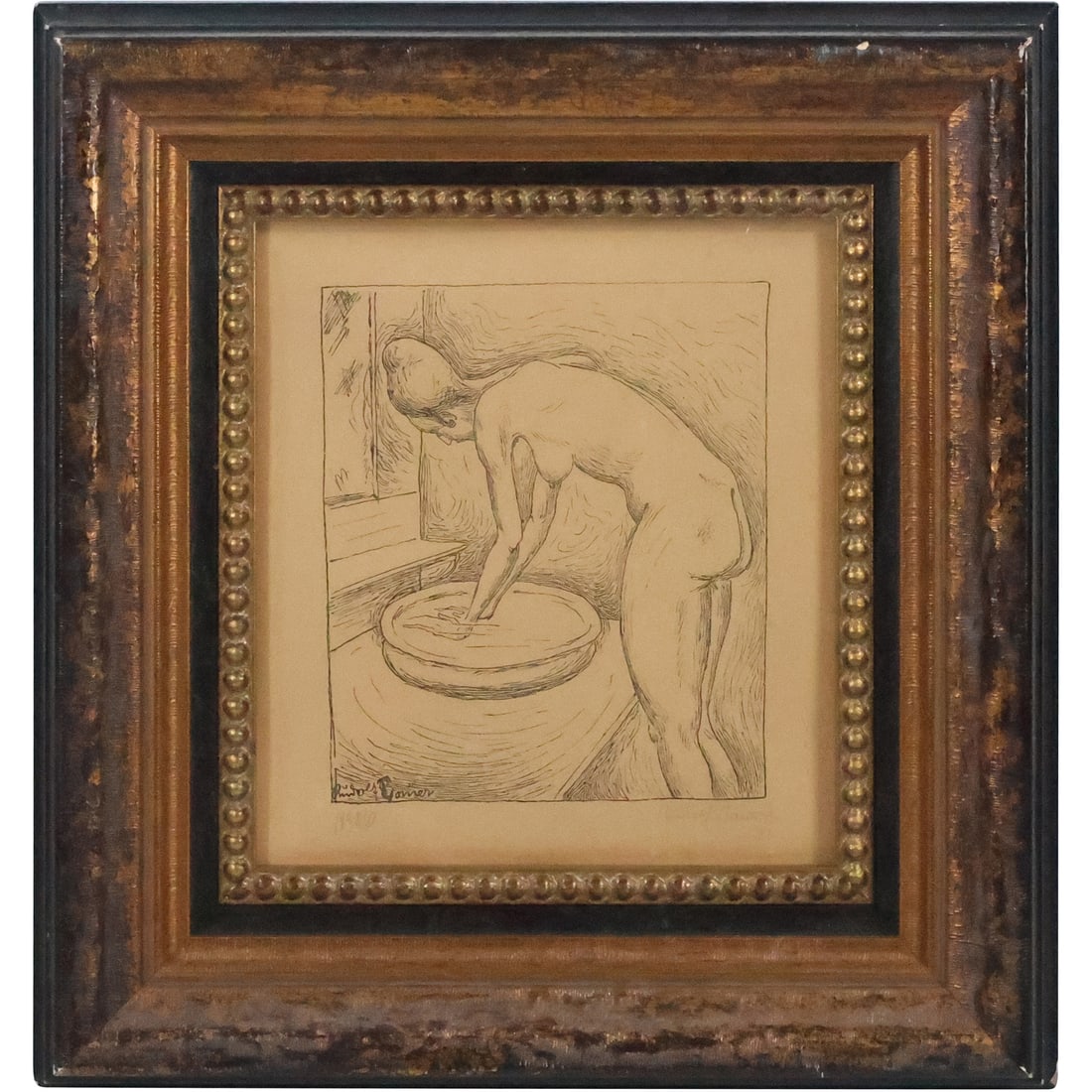 Pencil Signed Rudolf Bauer, 1889 - 1953, No. 86, Etching Woman Bathing, Framed (1 of 20)