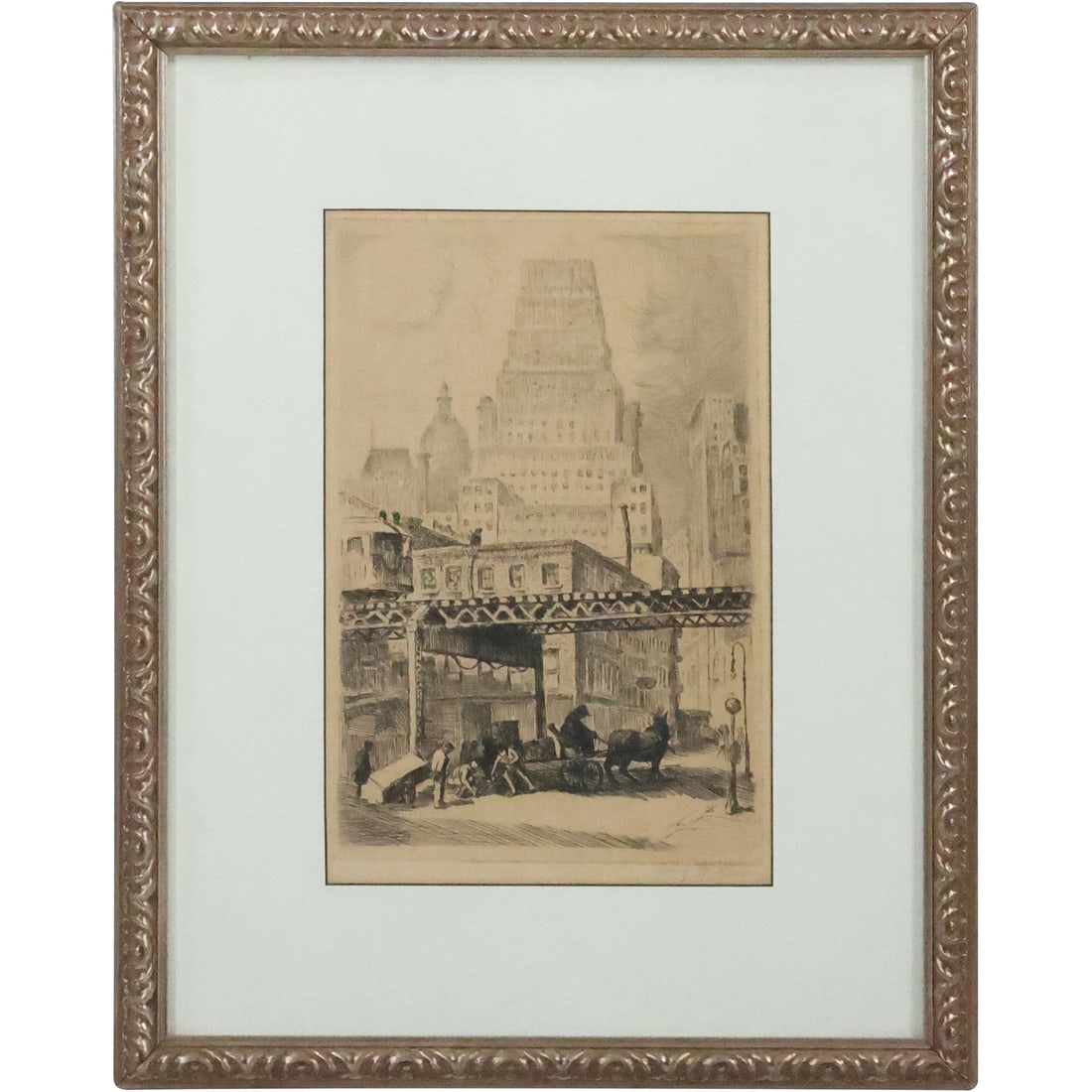 Antique Etching JOHN ST. NEW YORK CITY by Irving Wolfson, Pencil Signed, Original Framing (1 of 20)