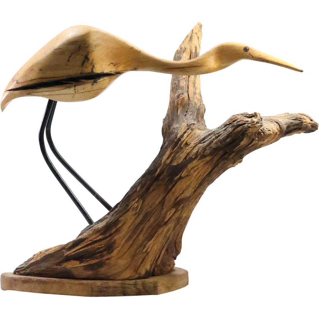 Carved Wood Water Buffalo Horn Egret Heron Crane Bird Mounted on Driftwood Base 12.25 in. height (1 of 20)