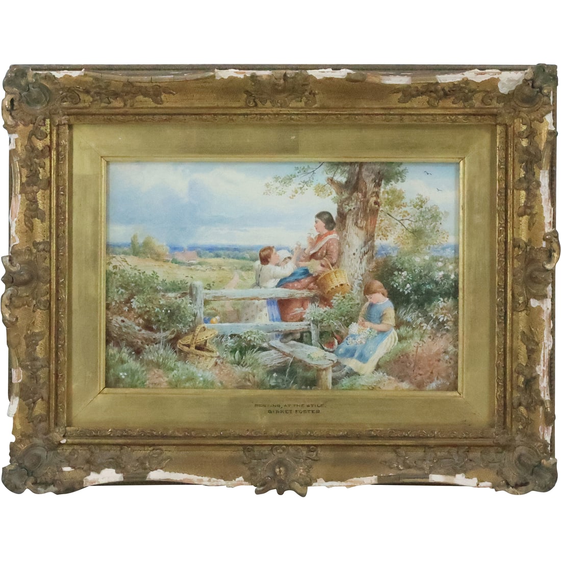 Birket Foster 1825-1899 England, "Resting, At The Stile" Watercolor Painting, Original Frame: Birket Foster 1825-1899 England, "Resting, At The Stile" Watercolor Painting, Original Frame. size: 8 x 12, 13.75 x 17.75 outside frame. ASKart: Myles Birket (Birkett, Burkett) Foster (1825 - 1899) wa